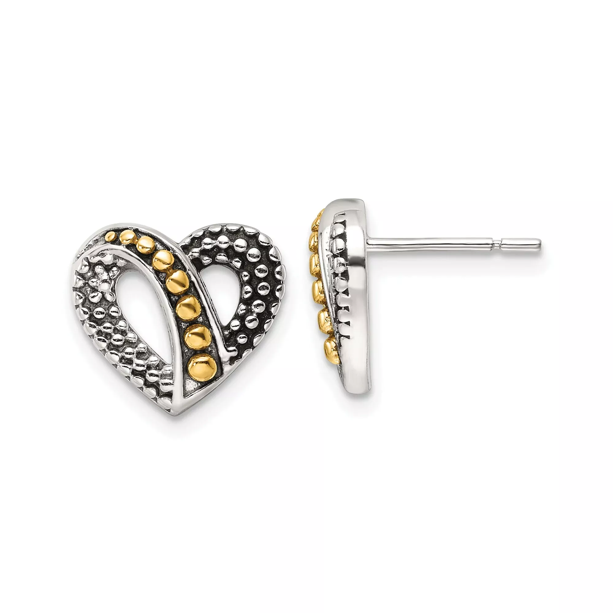 Sterling Silver Heart Shaped Stud Earrings with Textured Design and Gold Tone Bead Accents