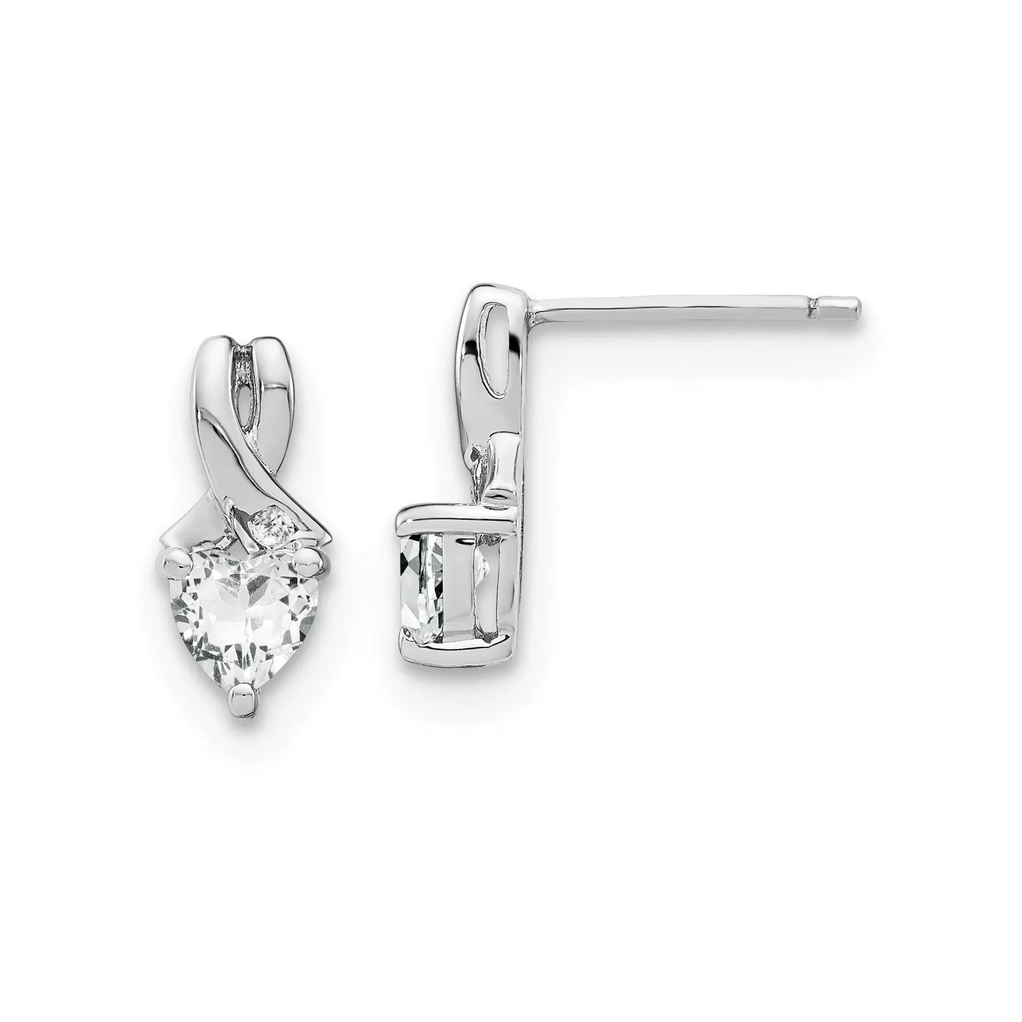 Sterling Silver Heart Shaped Stud Earrings with White Topaz and Diamond, Crossover Ribbon Design