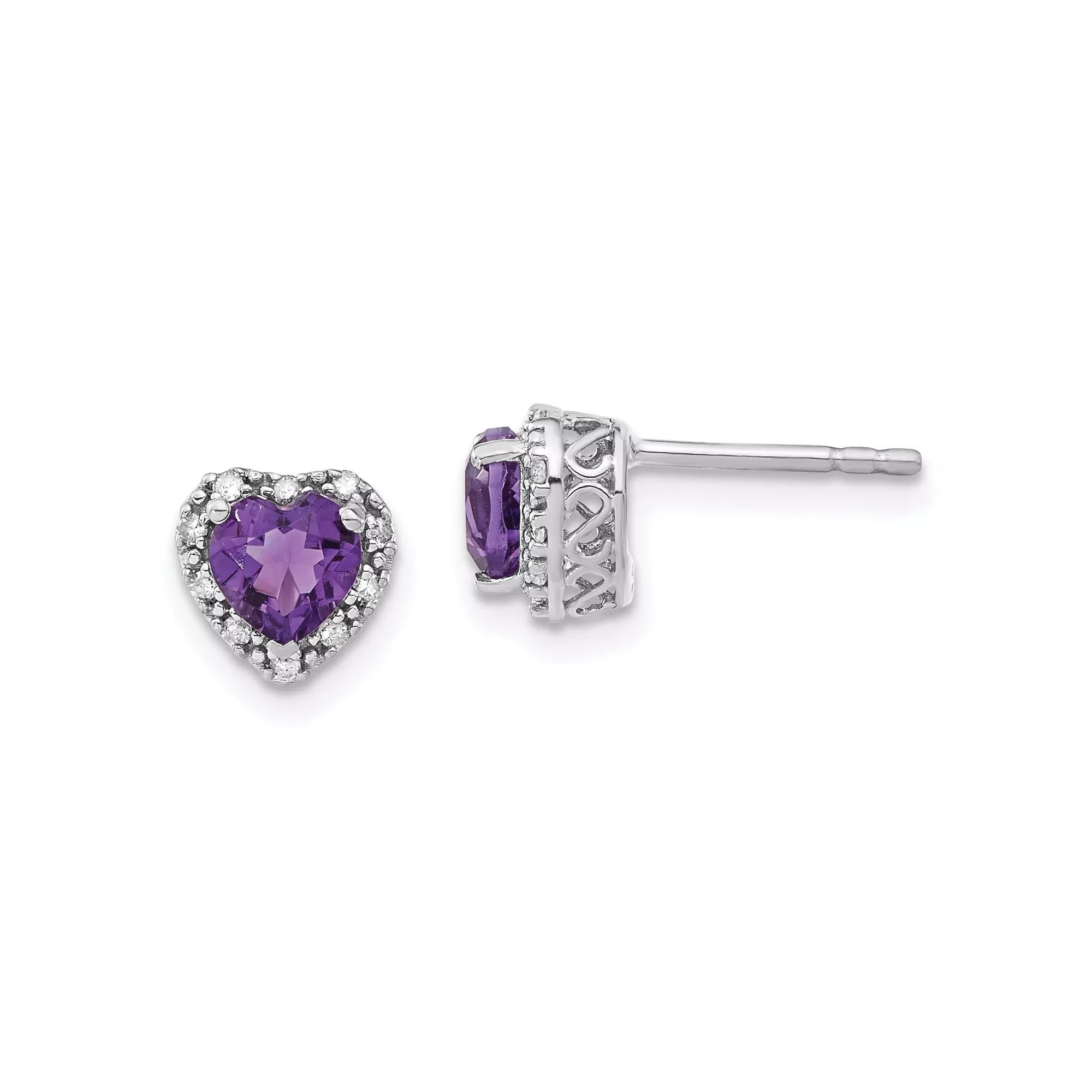 Sterling Silver Heart Stud Earrings with Amethyst and Diamond Accents, Romantic Openwork Design