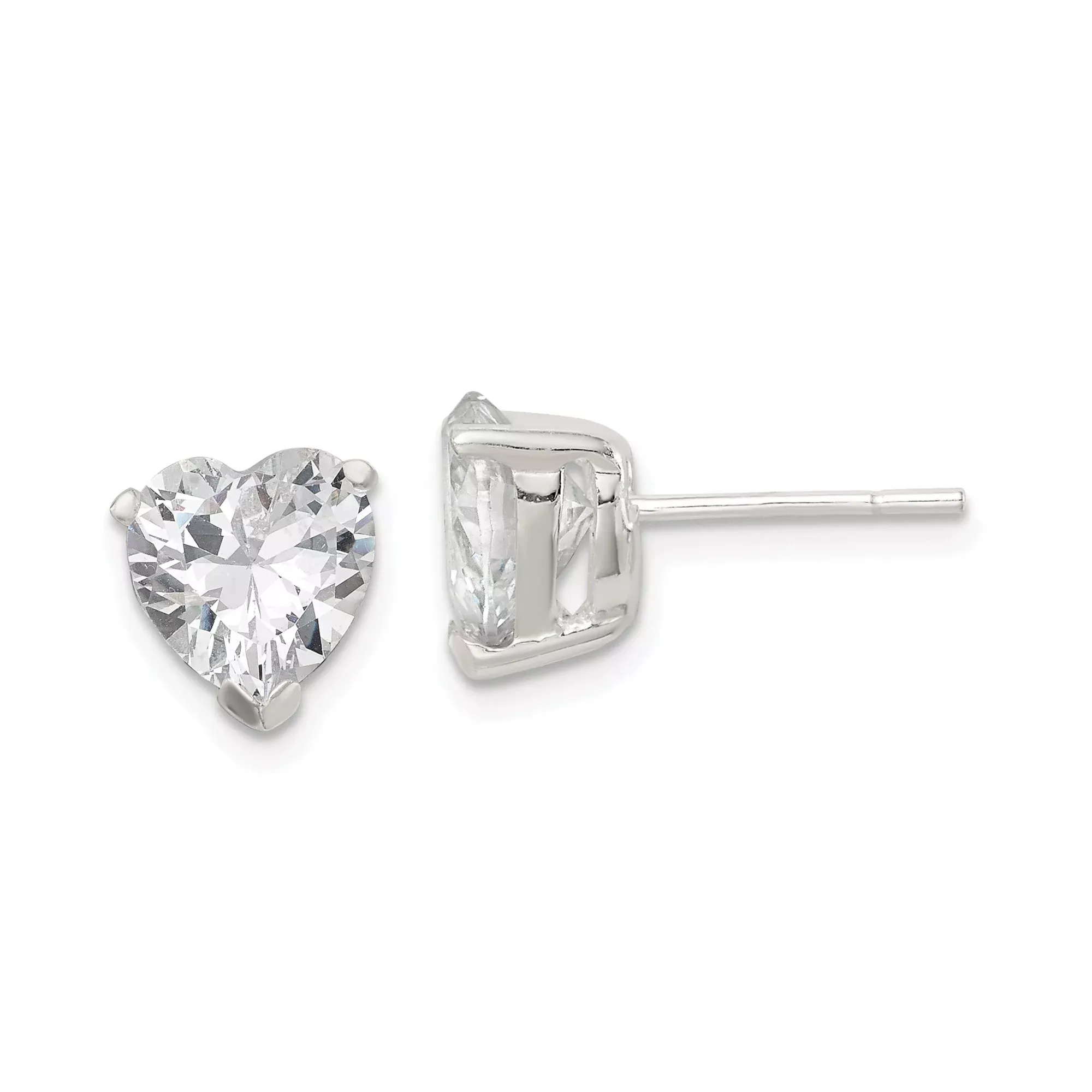 Sterling Silver Heart Stud Earrings with Clear Cubic Zirconia Basket Setting