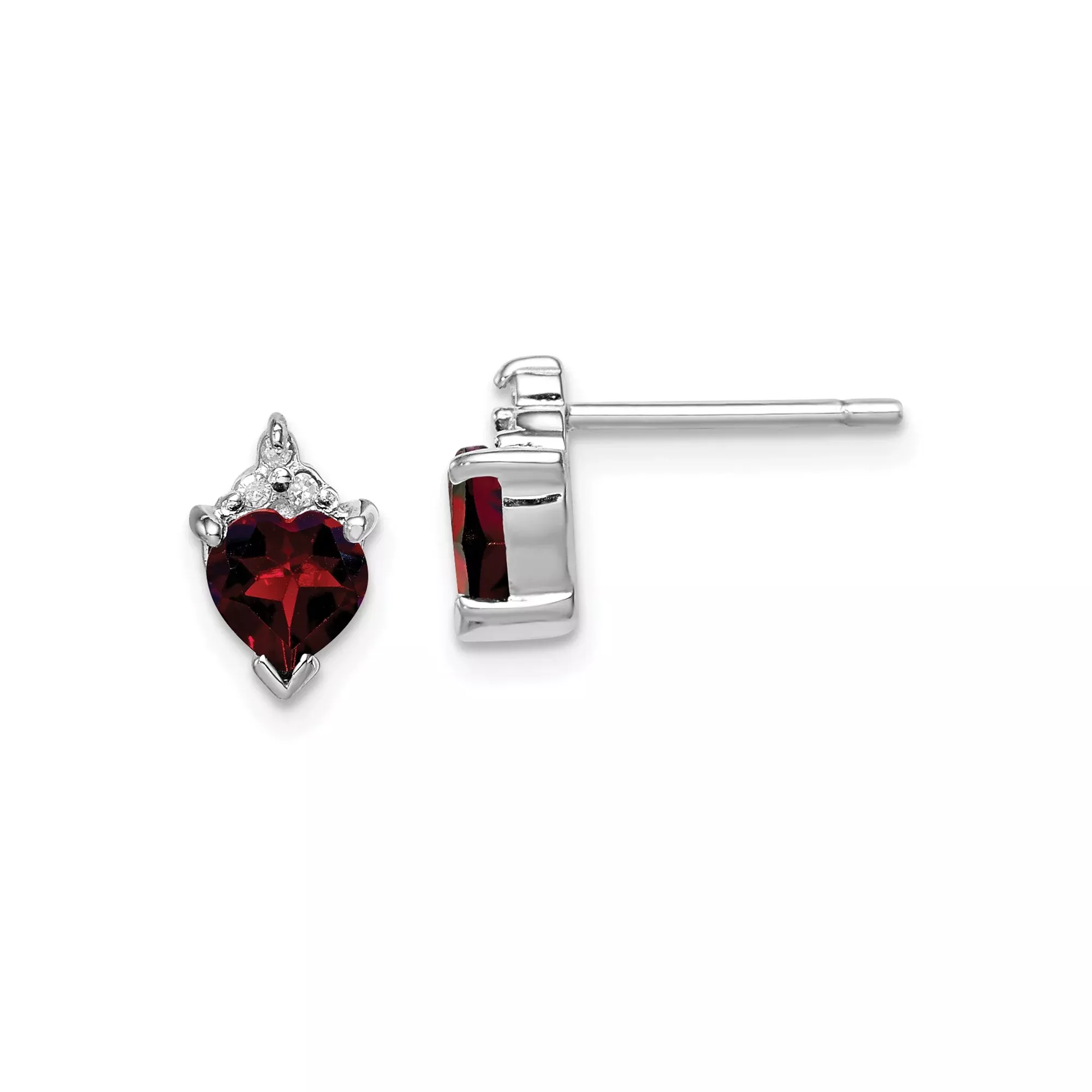 Sterling Silver Heart Stud Earrings with Garnet and Diamond Accents