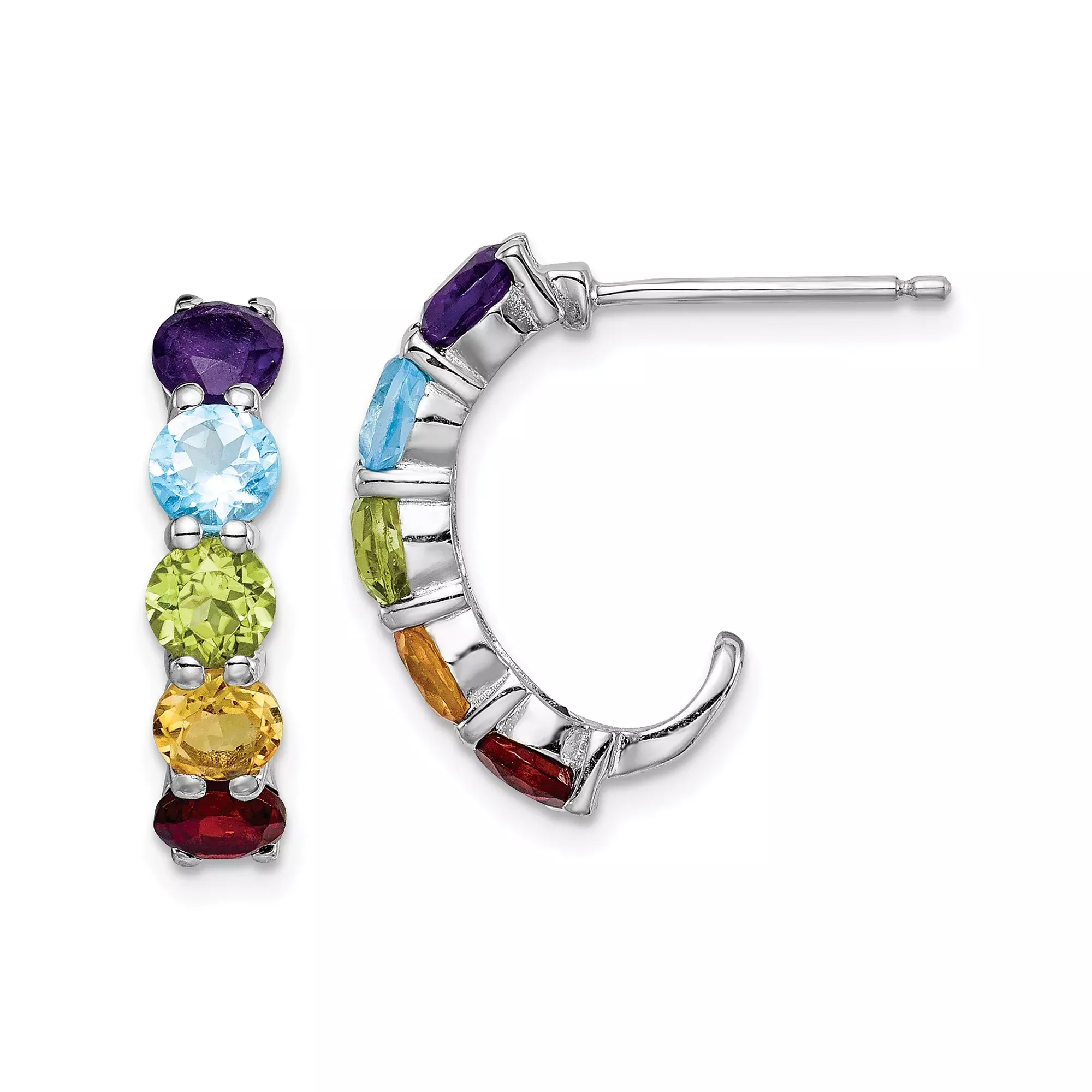 Sterling Silver Hoop Earrings with Amethyst and Blue Topaz, Multicolor Gemstone Statement Jewelry