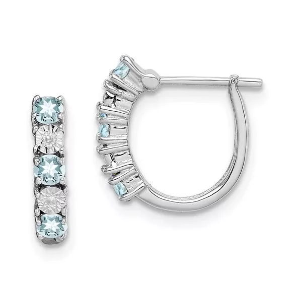 Sterling Silver Hoop Earrings with Aquamarine and Diamond in Channel Setting