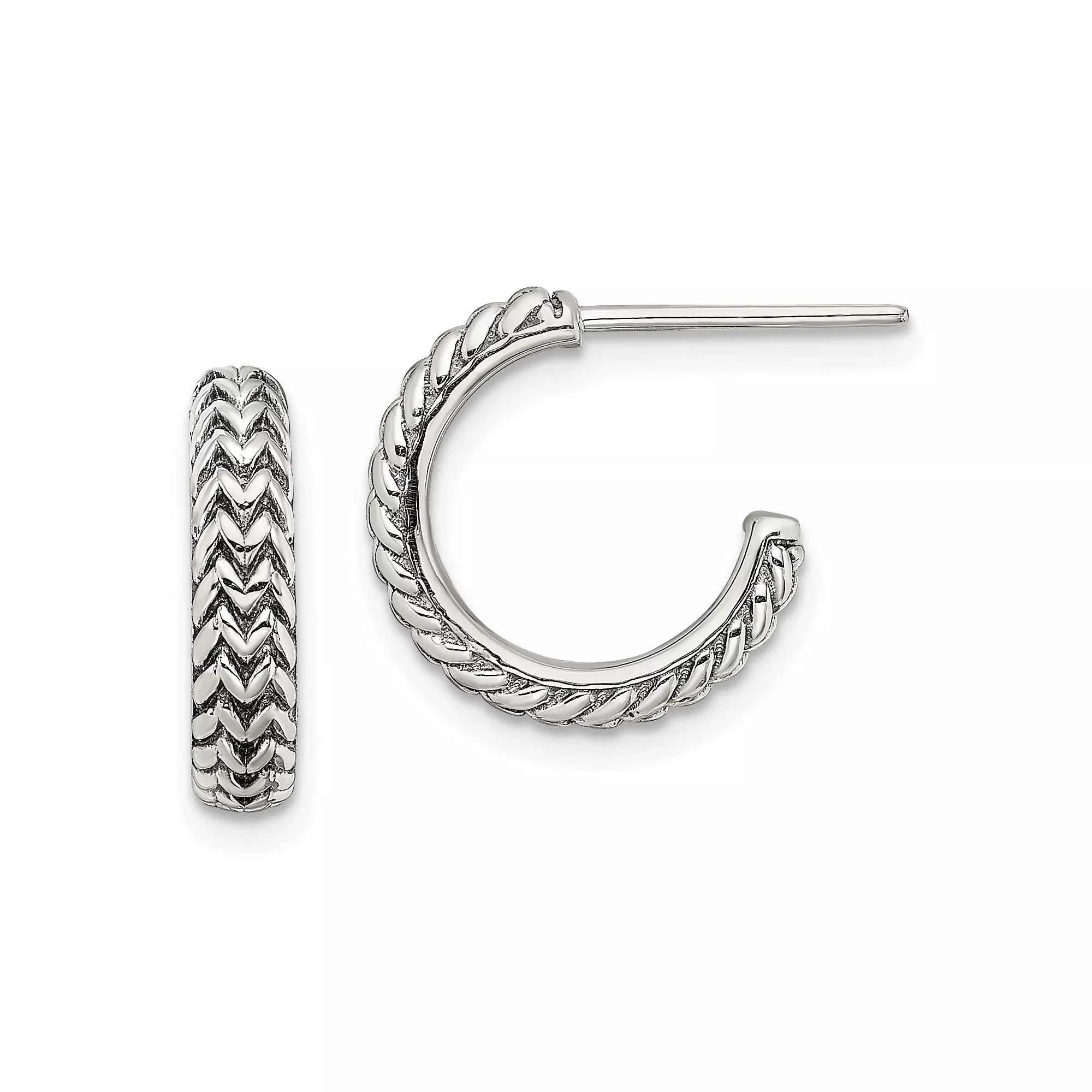 Sterling Silver Hoop Earrings with Braided Chevron Design and Polished Finish