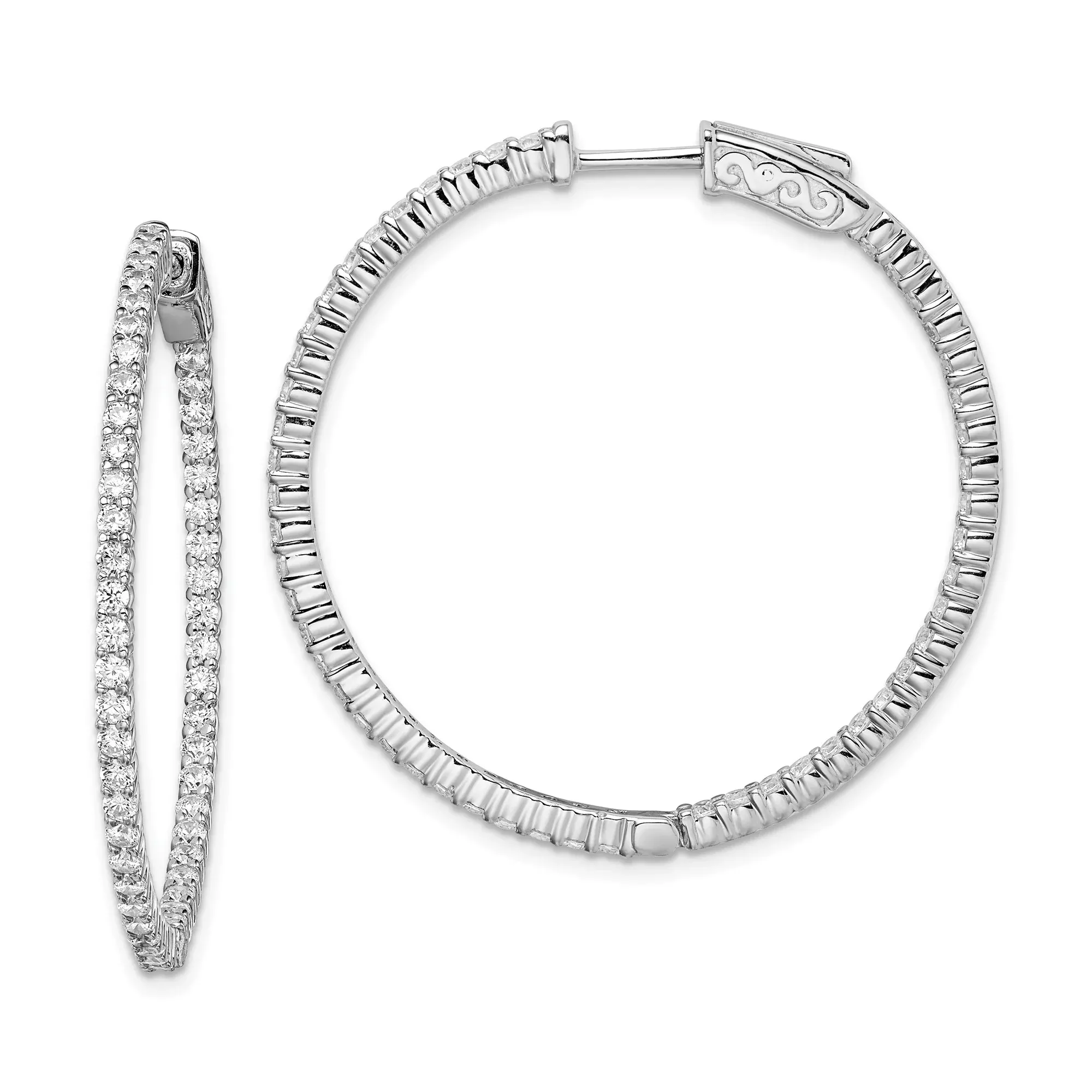 Sterling Silver Hoop Earrings with Cubic Zirconia Accents, Scroll Detailing, Hinged Clasp