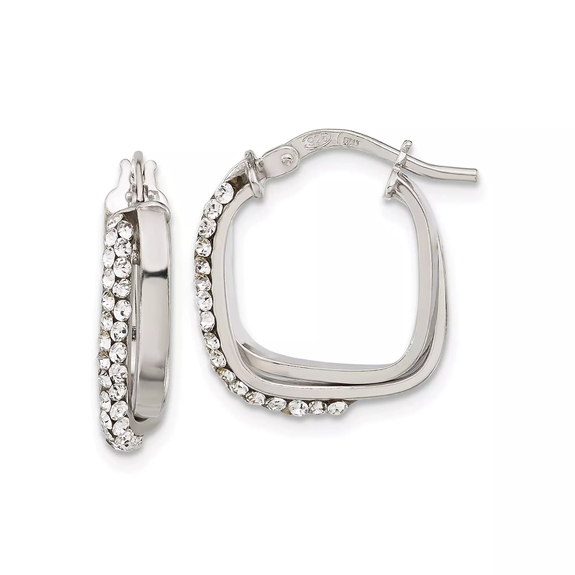 Sterling Silver Hoop Earrings with Cubic Zirconia, Square Shape, Hinged Closure