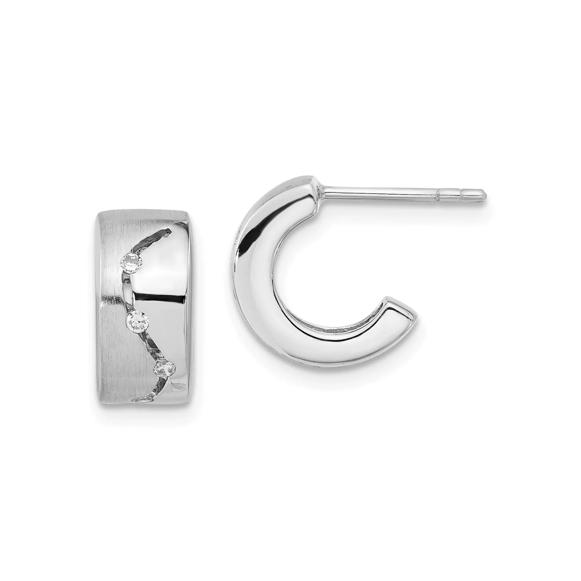 Sterling Silver Hoop Earrings with Cubic Zirconia, Wavy Brushed and Polished Design
