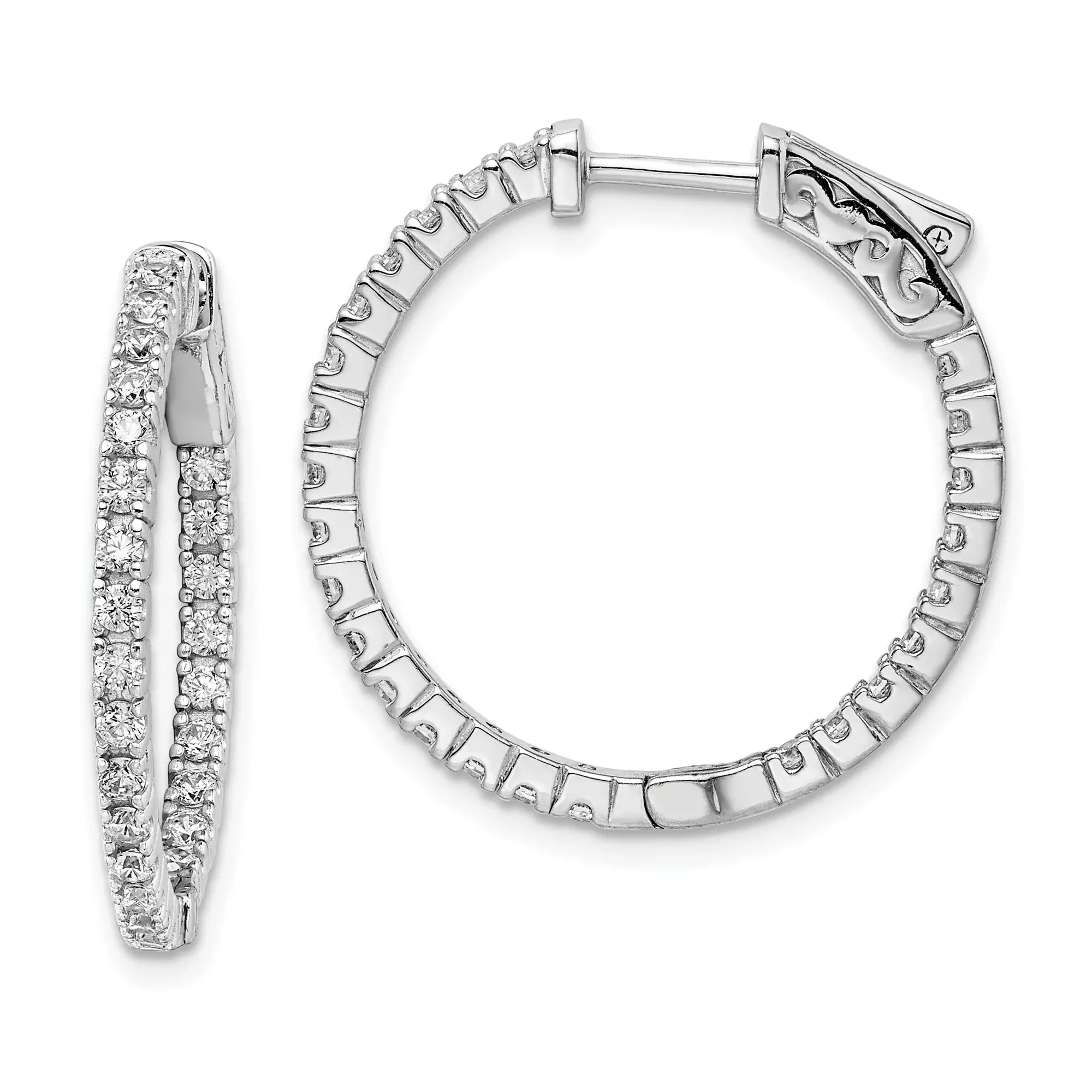 Sterling Silver Hoop Earrings with Double Row Cubic Zirconia, Polished Modern Design