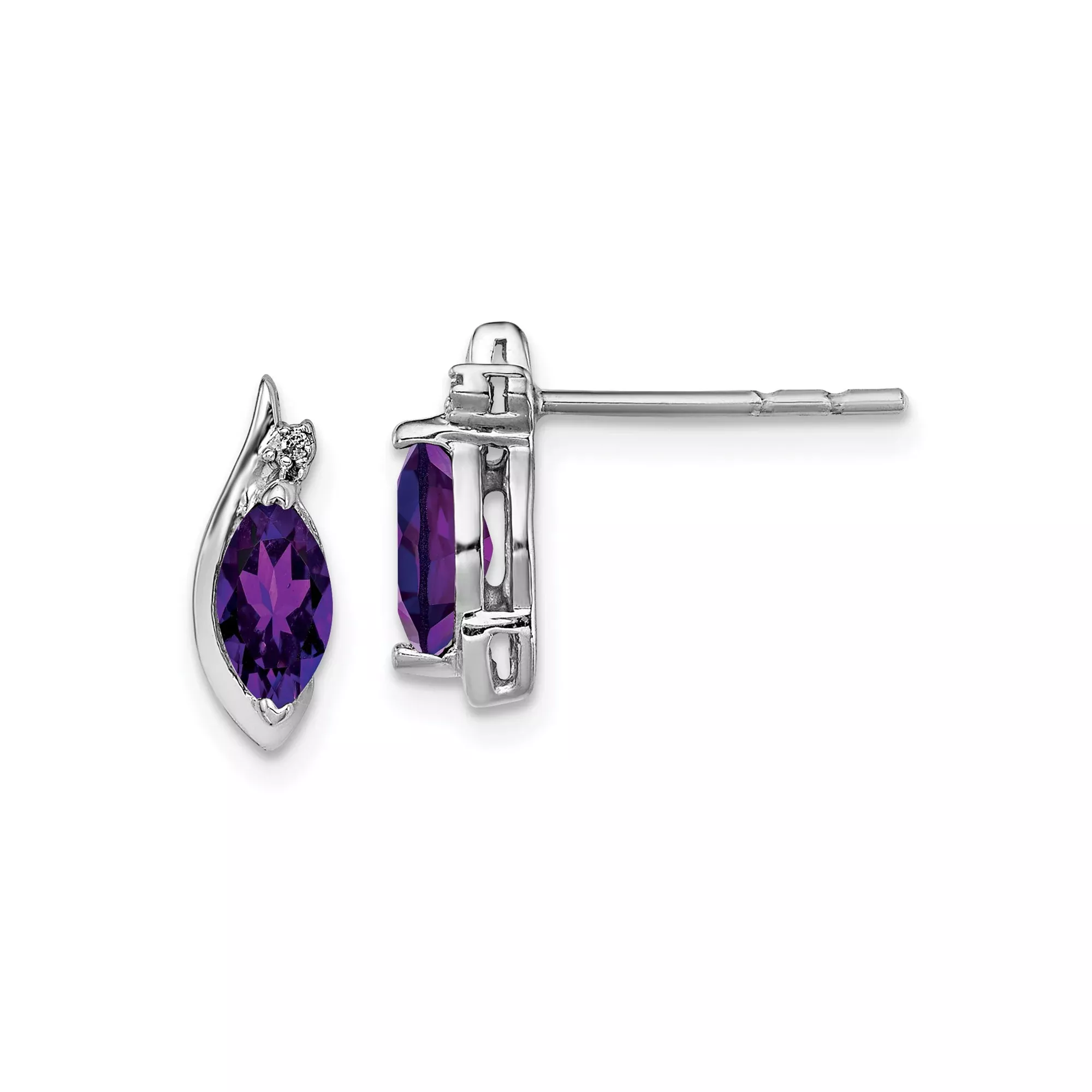 Sterling Silver Marquise Amethyst Stud Earrings with Diamonds Leaf Design