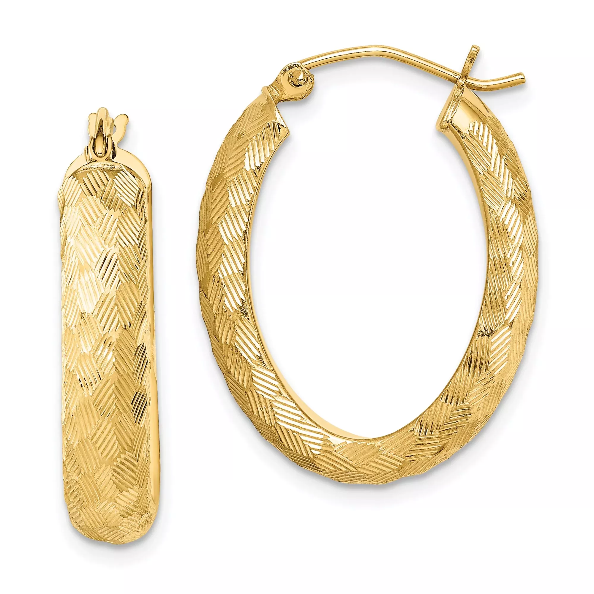 Sterling Silver Oval Hoop Earrings with Textured Diamond Cut Design, Lightweight Polished Finish