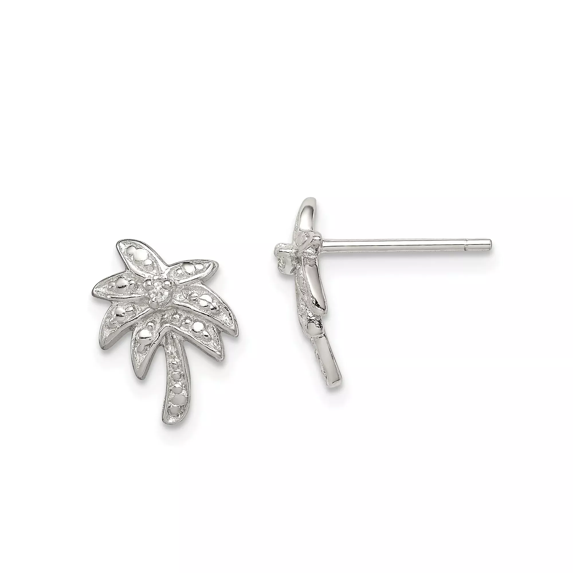 Sterling Silver Palm Tree Stud Earrings with Cubic Zirconia, Tropical Beach Style for Women