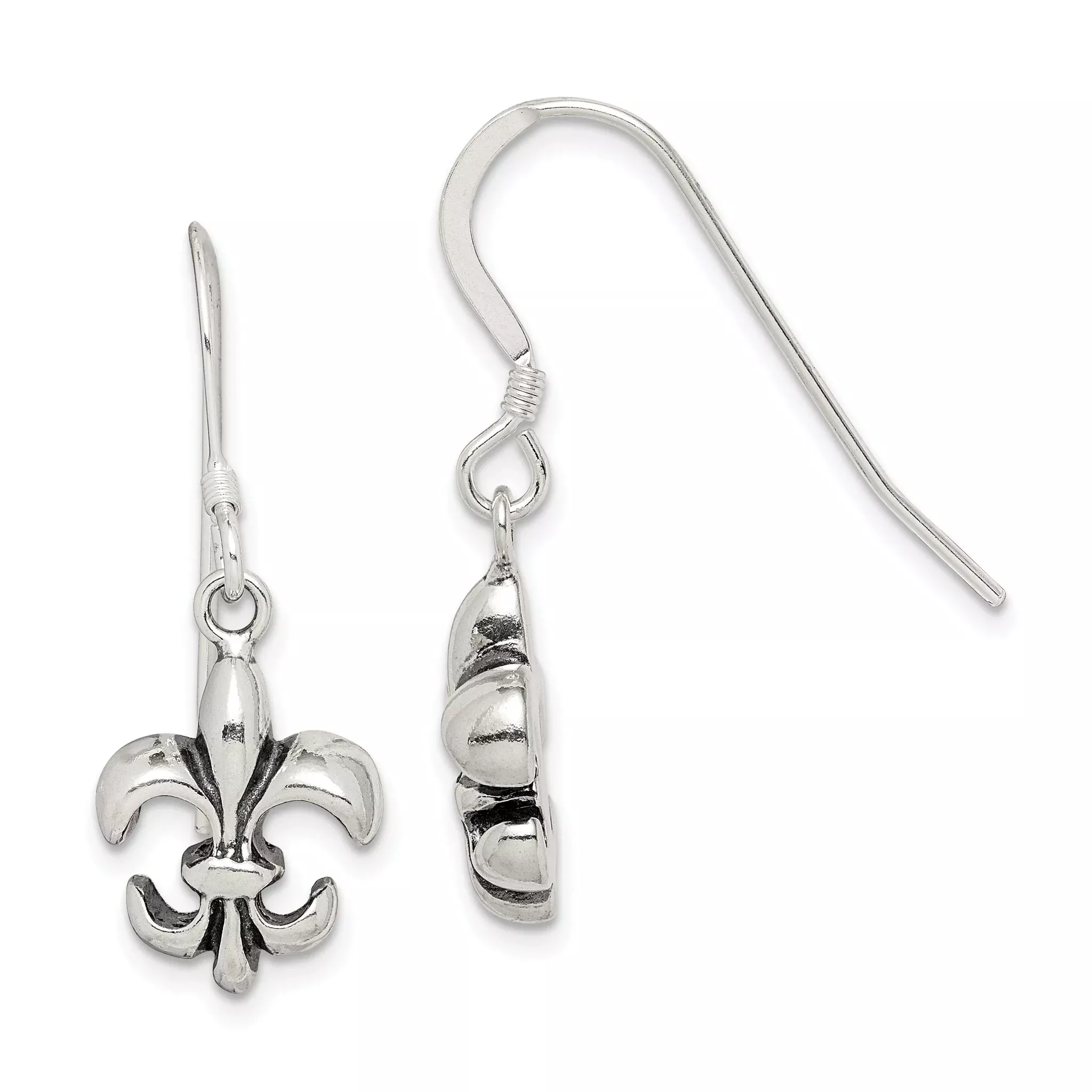 Sterling Silver Polished & Antiqued Fleur de Lis Dangle Earrings