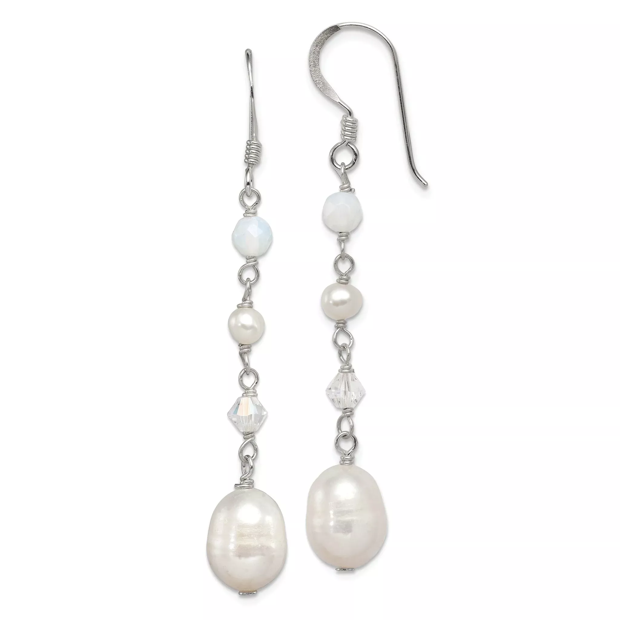 Sterling Silver Polished FWC Pearl/Opalite Crystal/Crystal Dangle Earrings