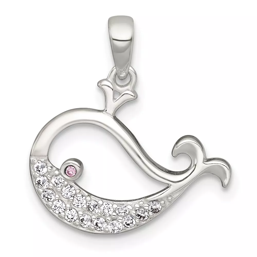 Sterling Silver Polished Pink and White CZ Cut-out Whale Pendant