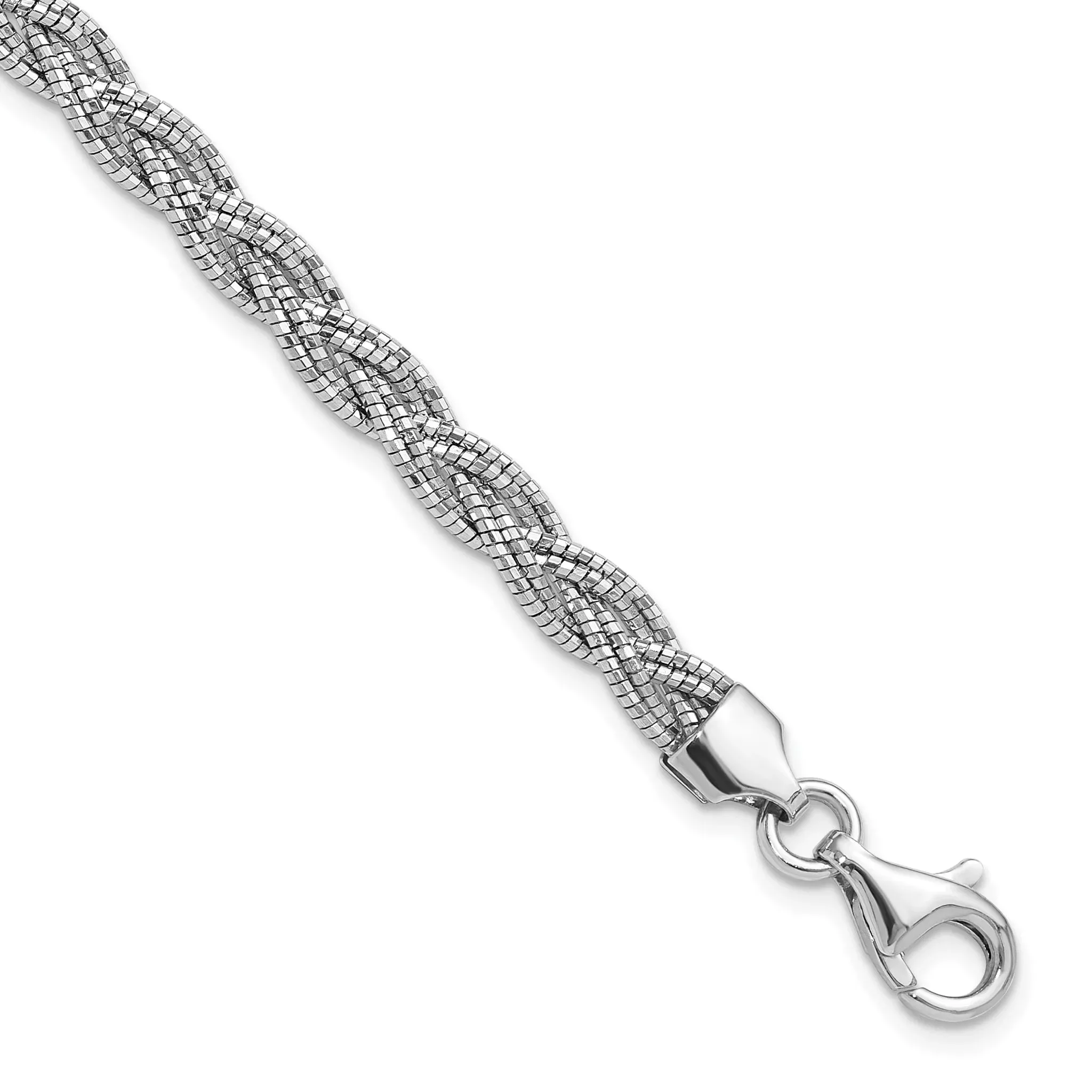 Sterling Silver Polished Rhodium-Rhodium-Plated Diamond-cut Braided Bracelet