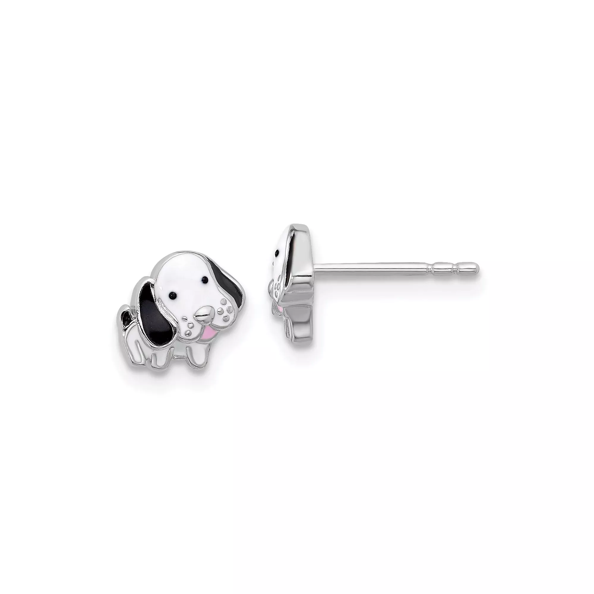 Sterling Silver Puppy Stud Earrings with Black and White Enamel, Cute Dog Face Design for Girls