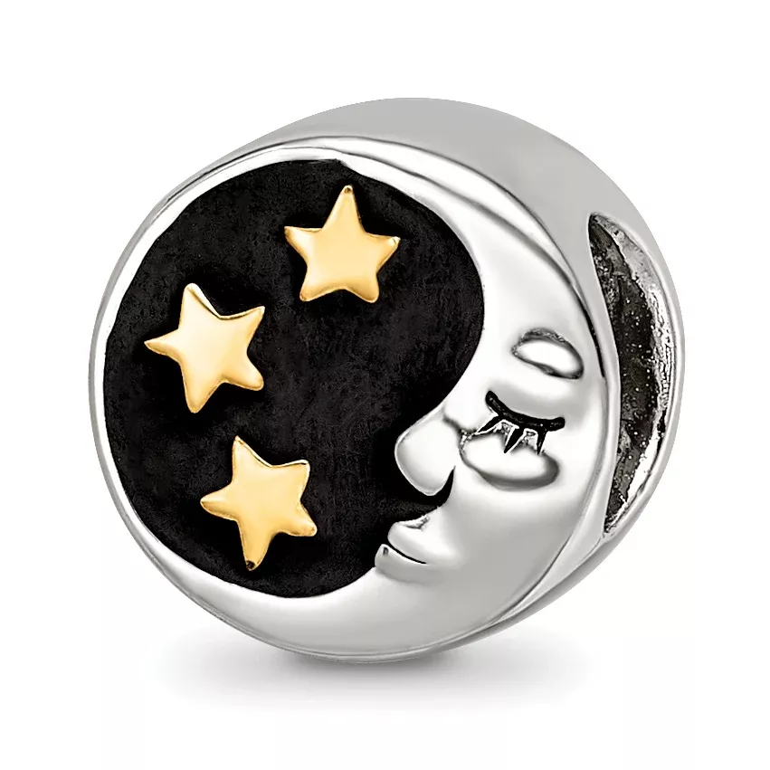 Sterling Silver Reflections Rhodium Gold-plated Enamel Moon/Stars Bead