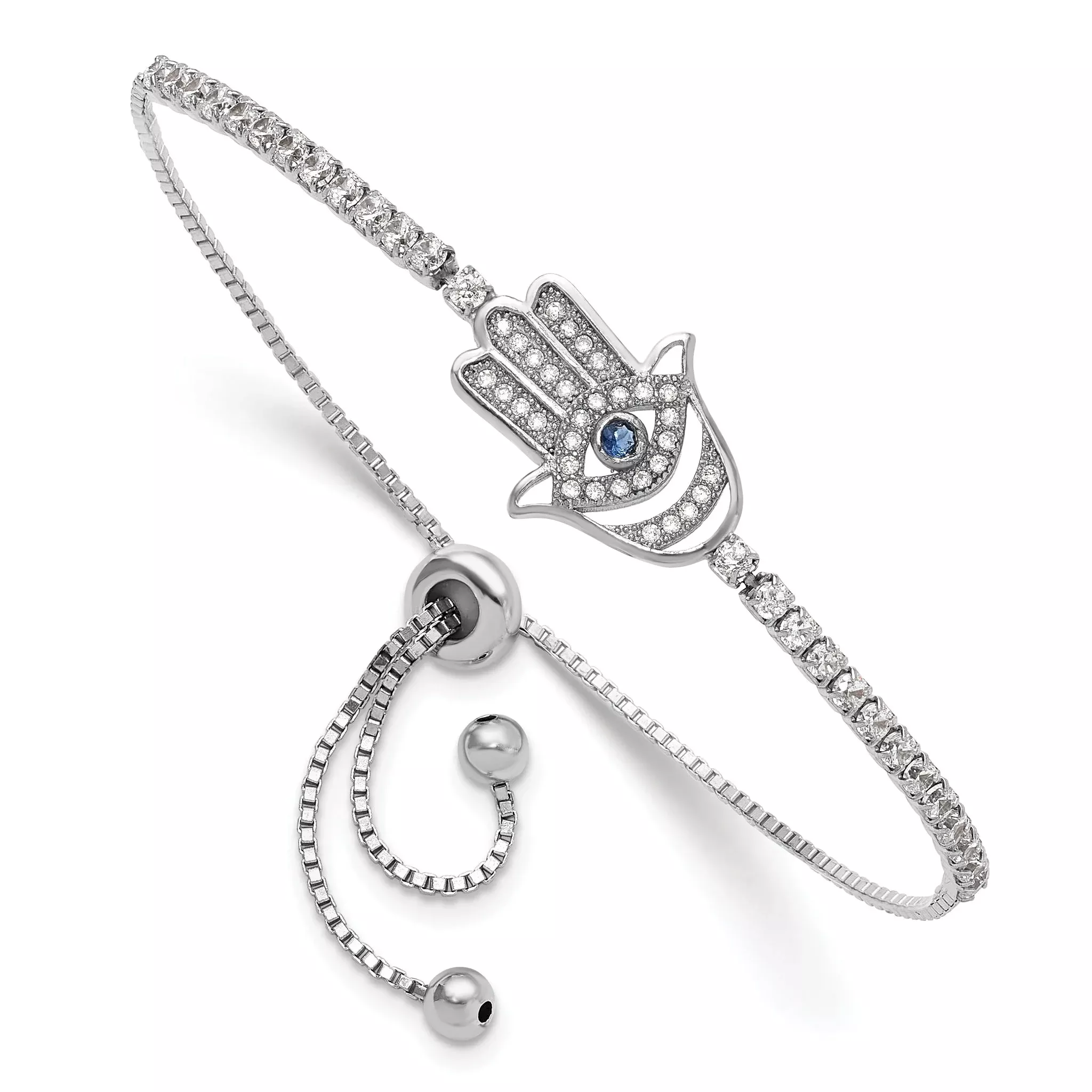 Sterling Silver Rh-plated Clear and Blue CZ Evil Eye Hamsa Adj Bracelet
