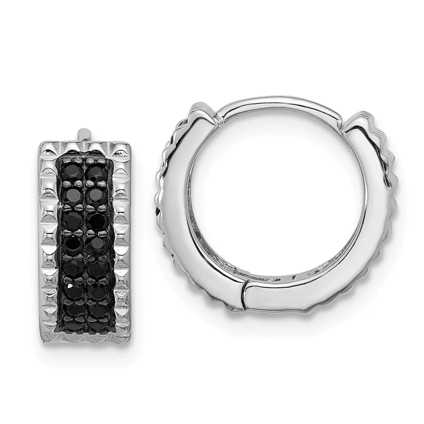 Sterling Silver RH-pltd Polished/Studded Black Spinel Hinged Hoop Earrings