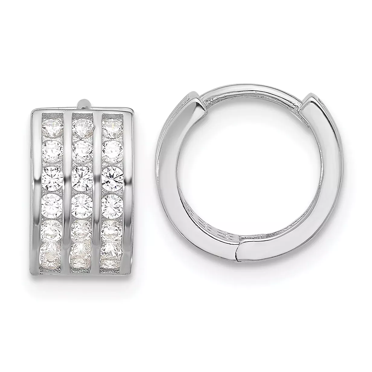 Sterling Silver Rhodium-plated 3 Row CZ Hinged Hoop Earrings