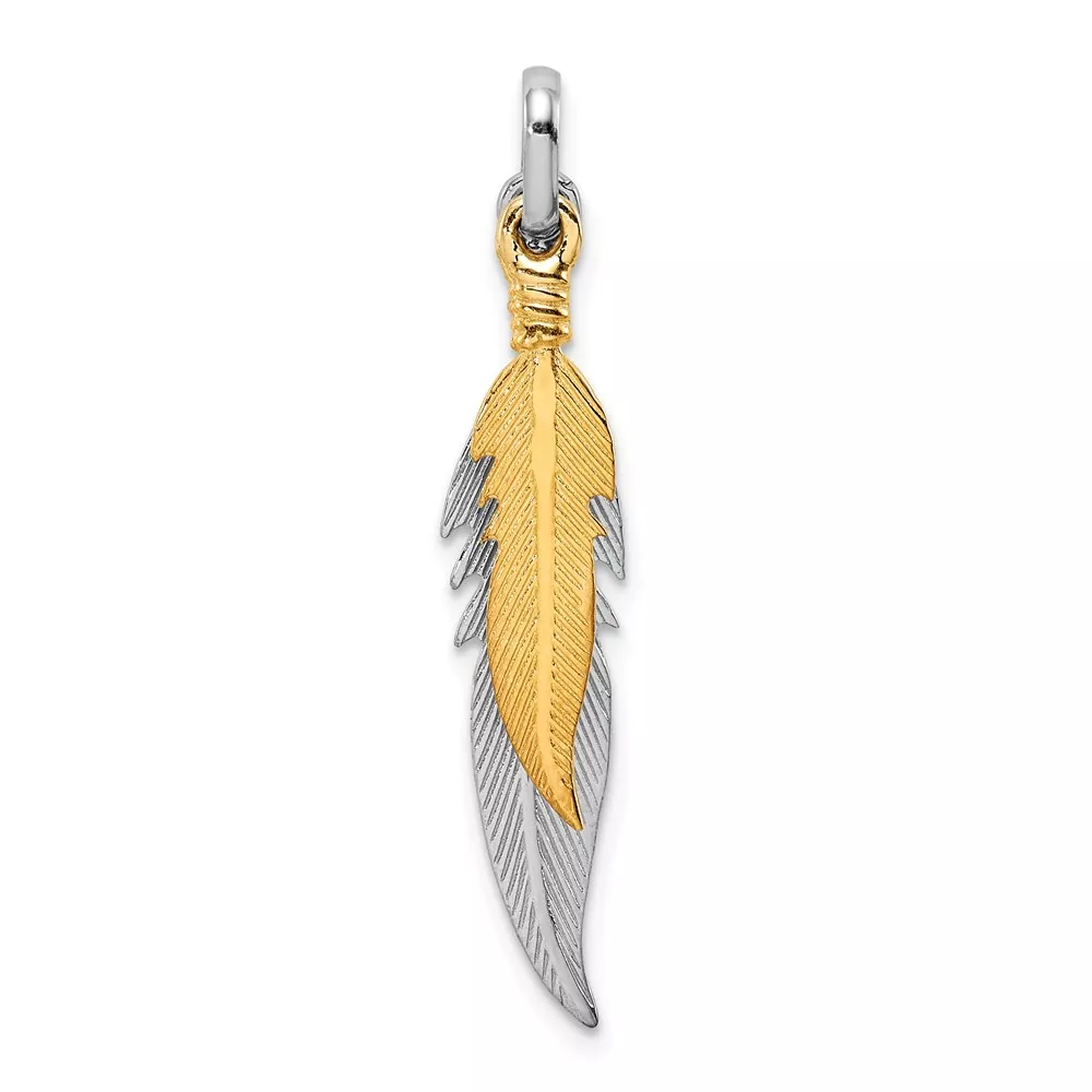 Sterling Silver Rhodium-plated Polished Gold Tone Double Feather Pendant