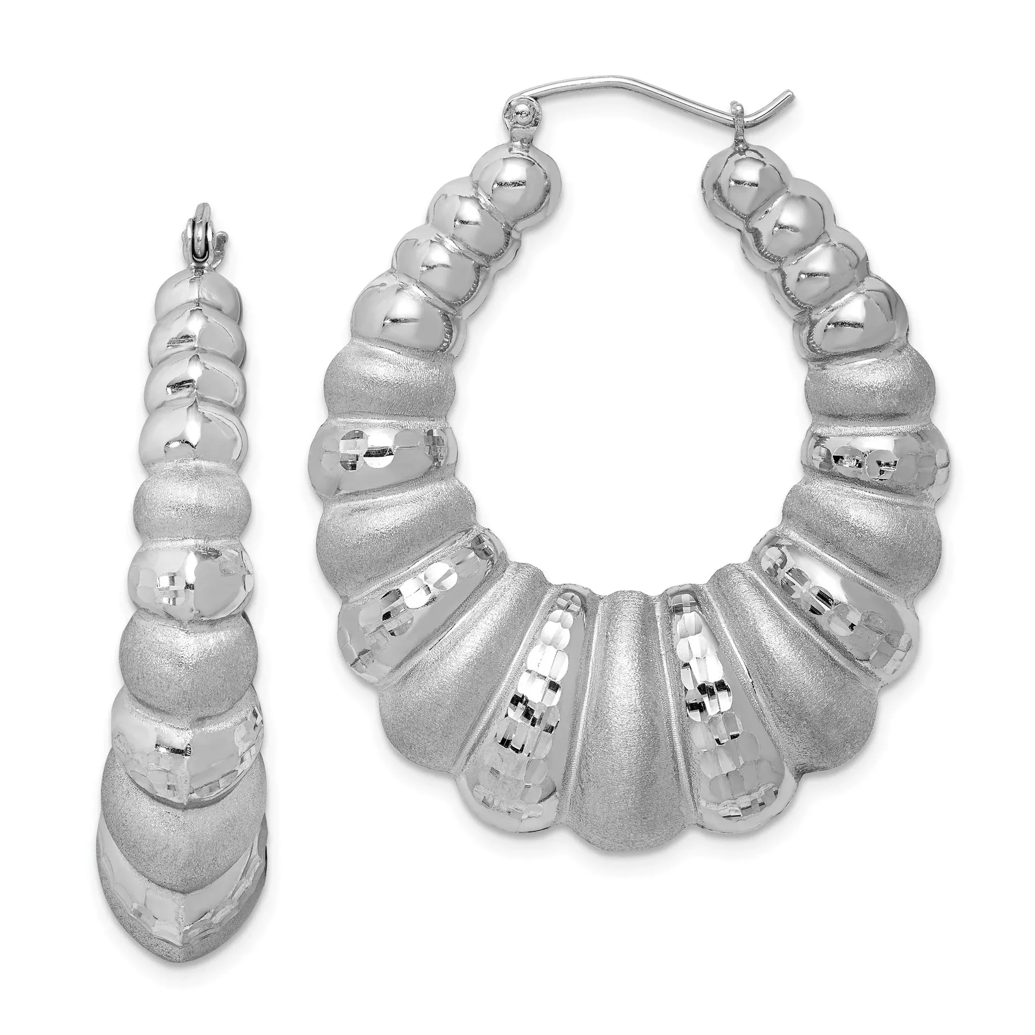 Sterling Silver Rhodium-plated Satin & D/C Shrimp Oval Hoop Earrings