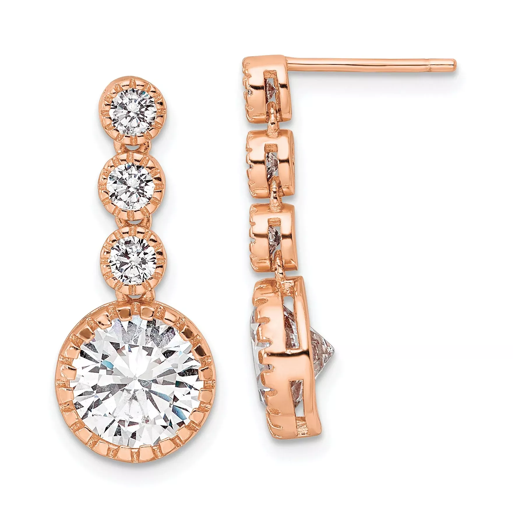 Sterling Silver Rose-tone Polished Round CZ Post Dangle Earrings
