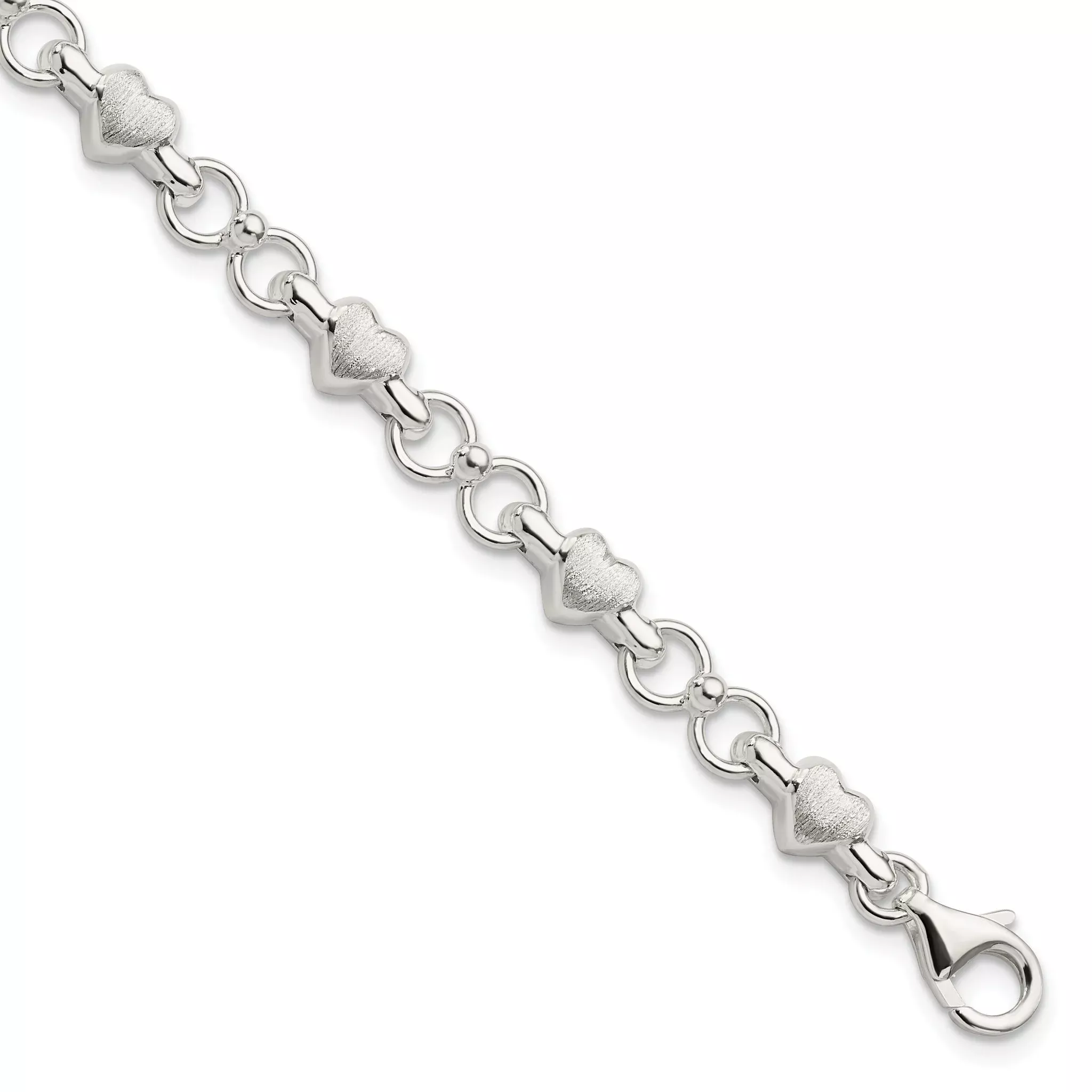 Sterling Silver Satin & Polished Heart Chain Bracelet