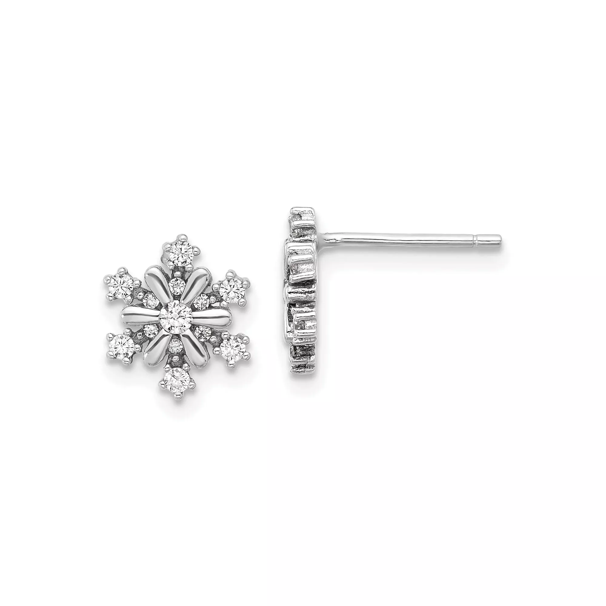 Sterling Silver Snowflake Stud Earrings with Clear Cubic Zirconia Accents, Winter Floral Design