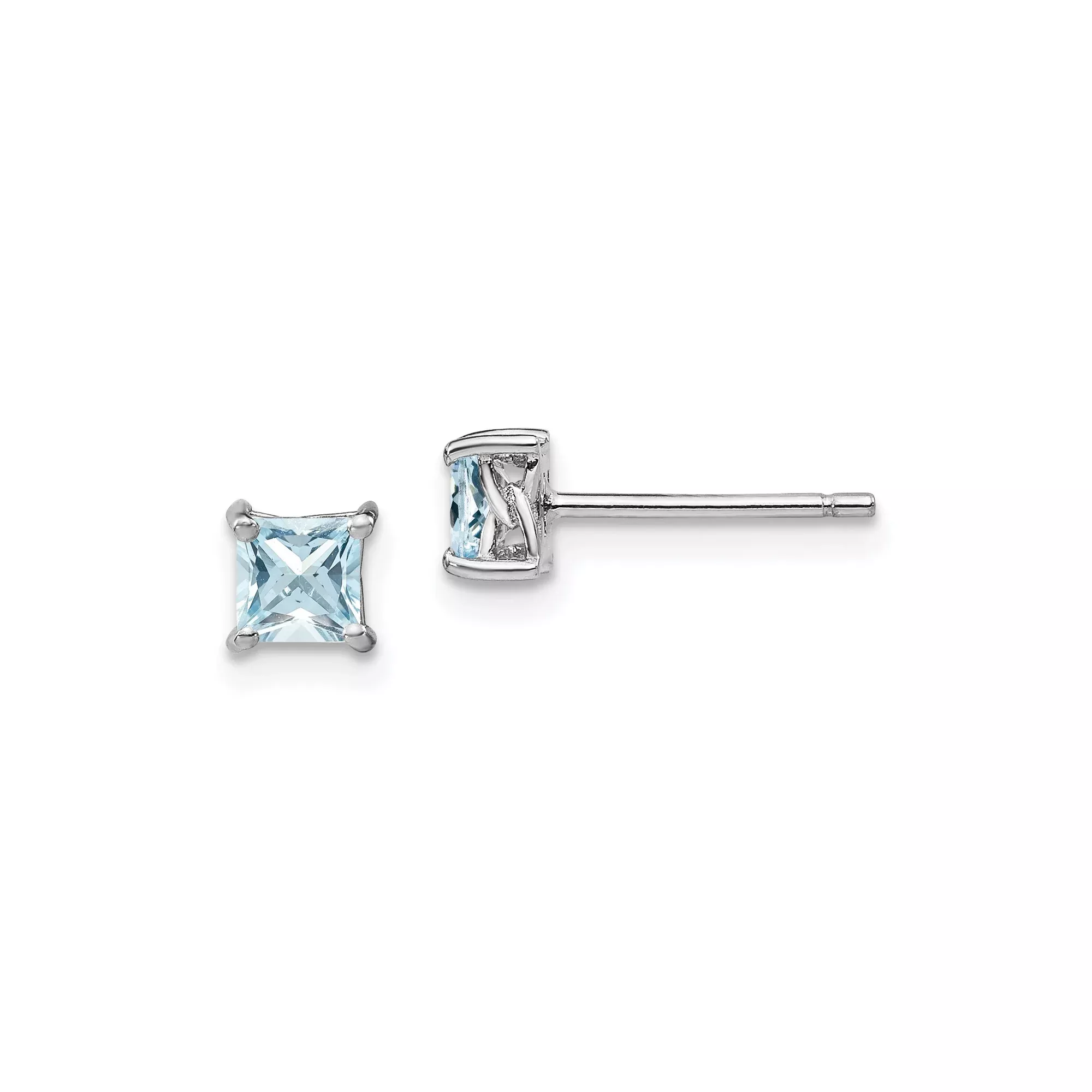 Sterling Silver Stud Earrings with Aquamarine Square Cut Gemstone, Princess Cut Minimalist Style