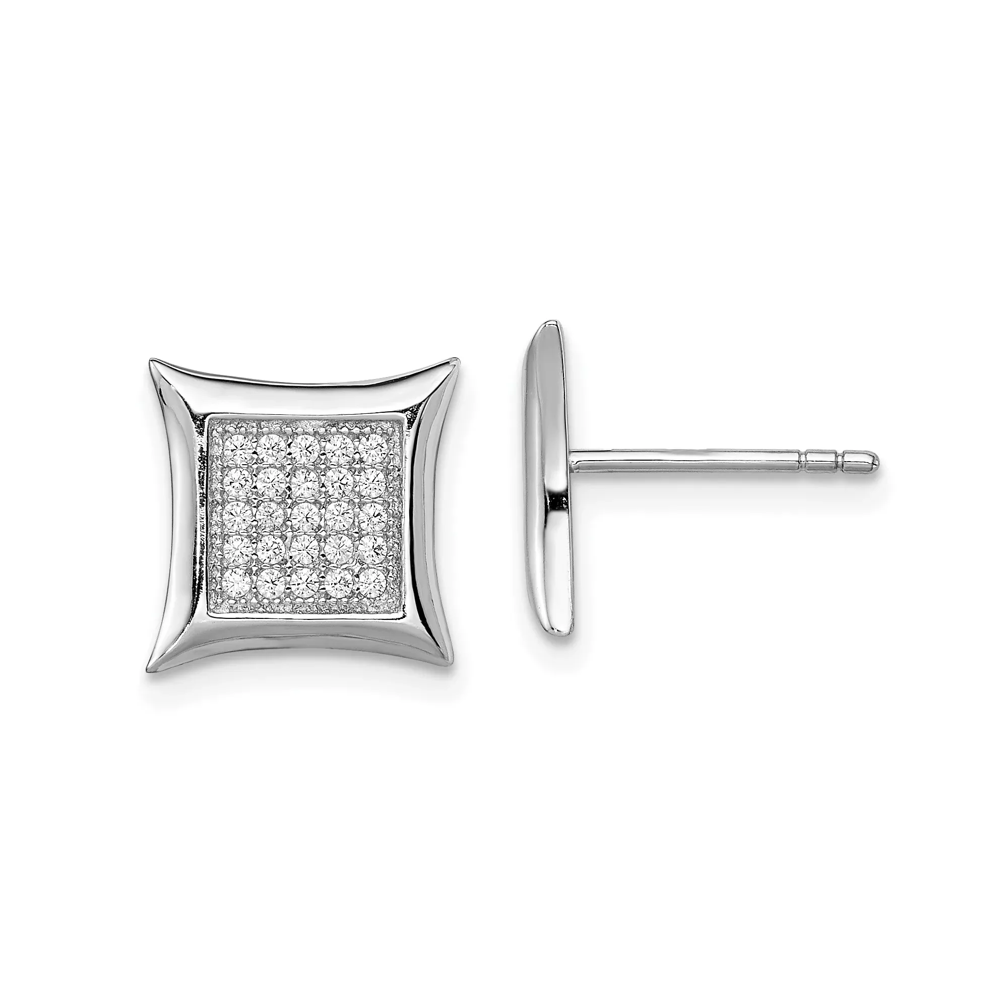 Sterling Silver Stud Earrings with Pave Cubic Zirconia, Square Geometric Design