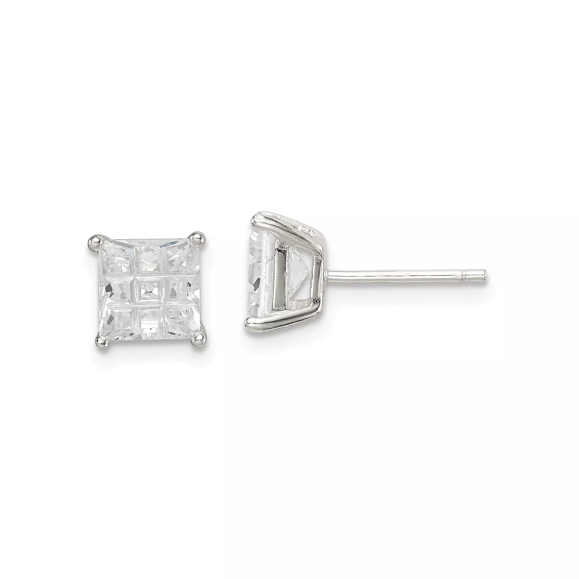 Sterling Silver Stud Earrings with Princess Cut Cubic Zirconia, Grid Basket Setting