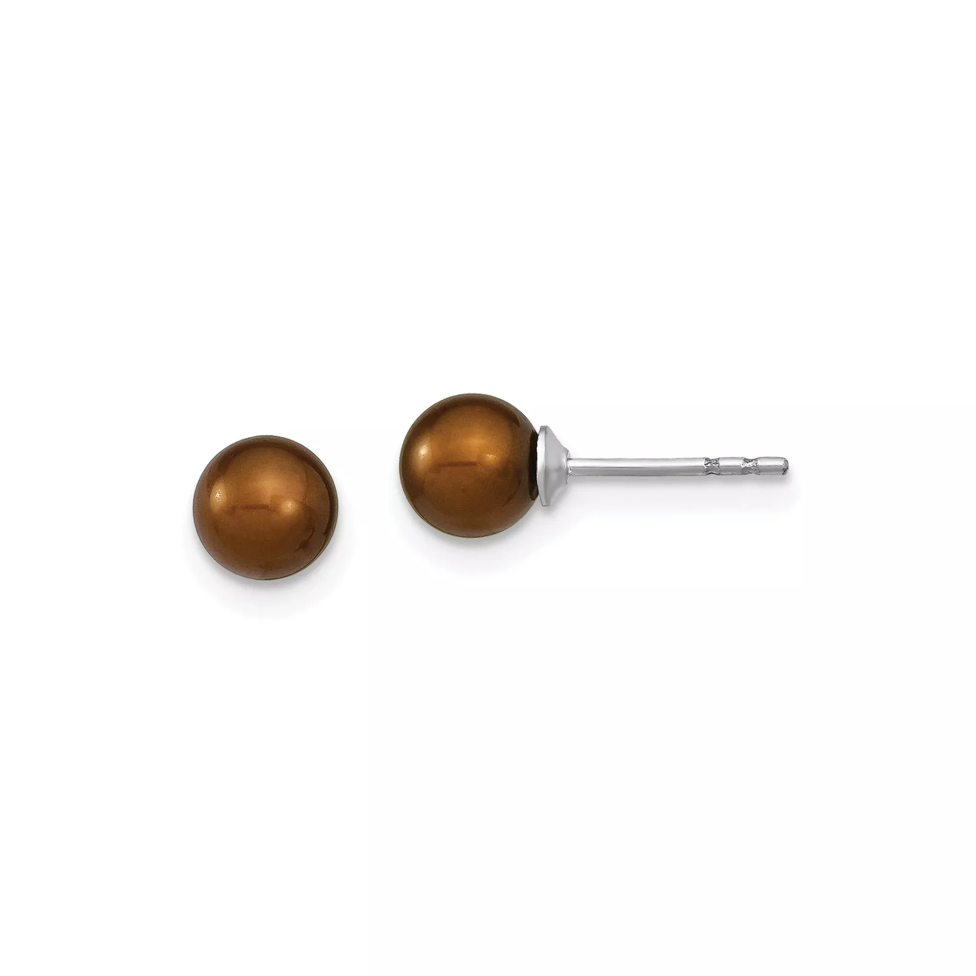 Sterling Silver Stud Earrings with Round Brown Pearl Beads, Minimalist Design for Women
