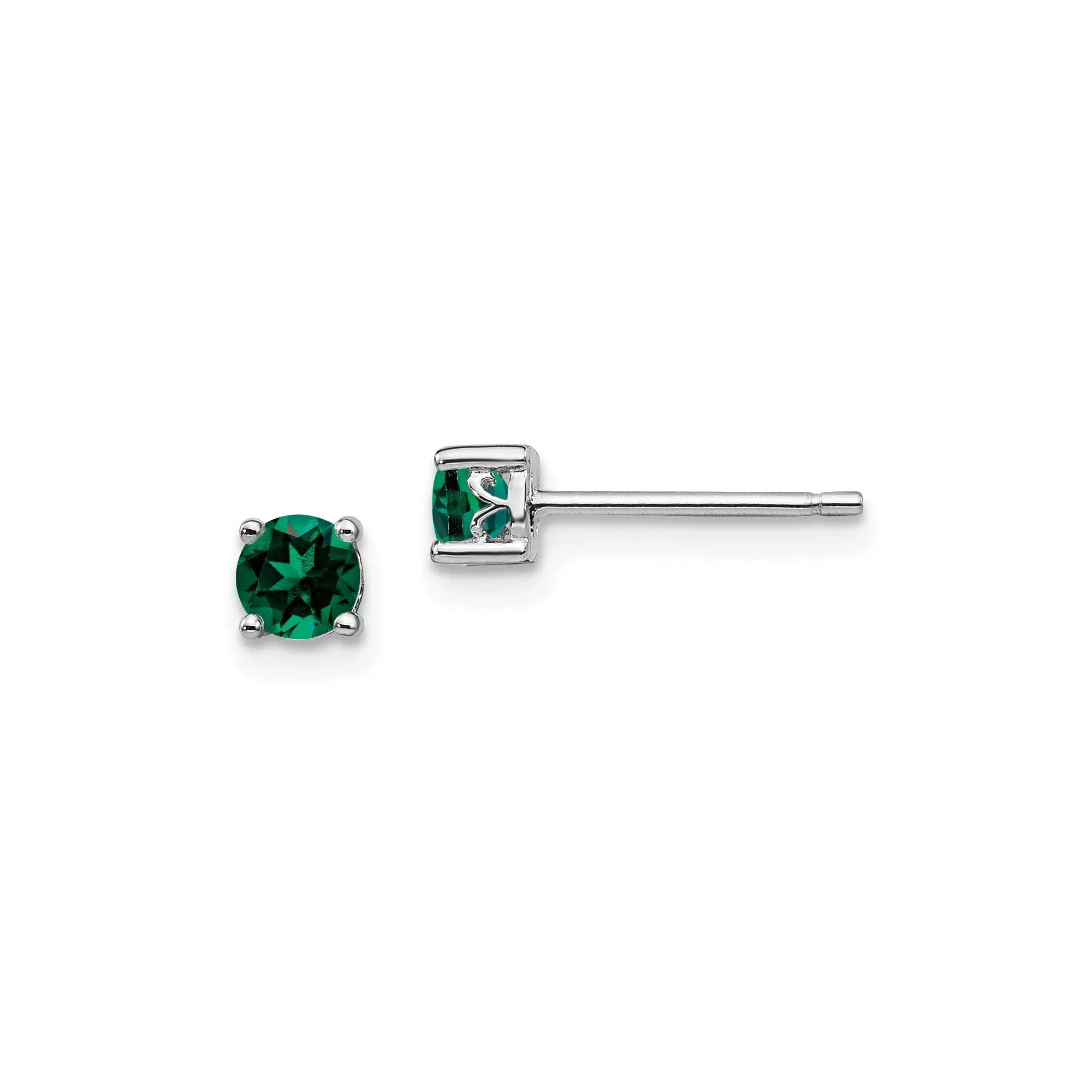 Sterling Silver Stud Earrings with Round Cut Created Emerald, Four Prong Setting, Minimalist Design