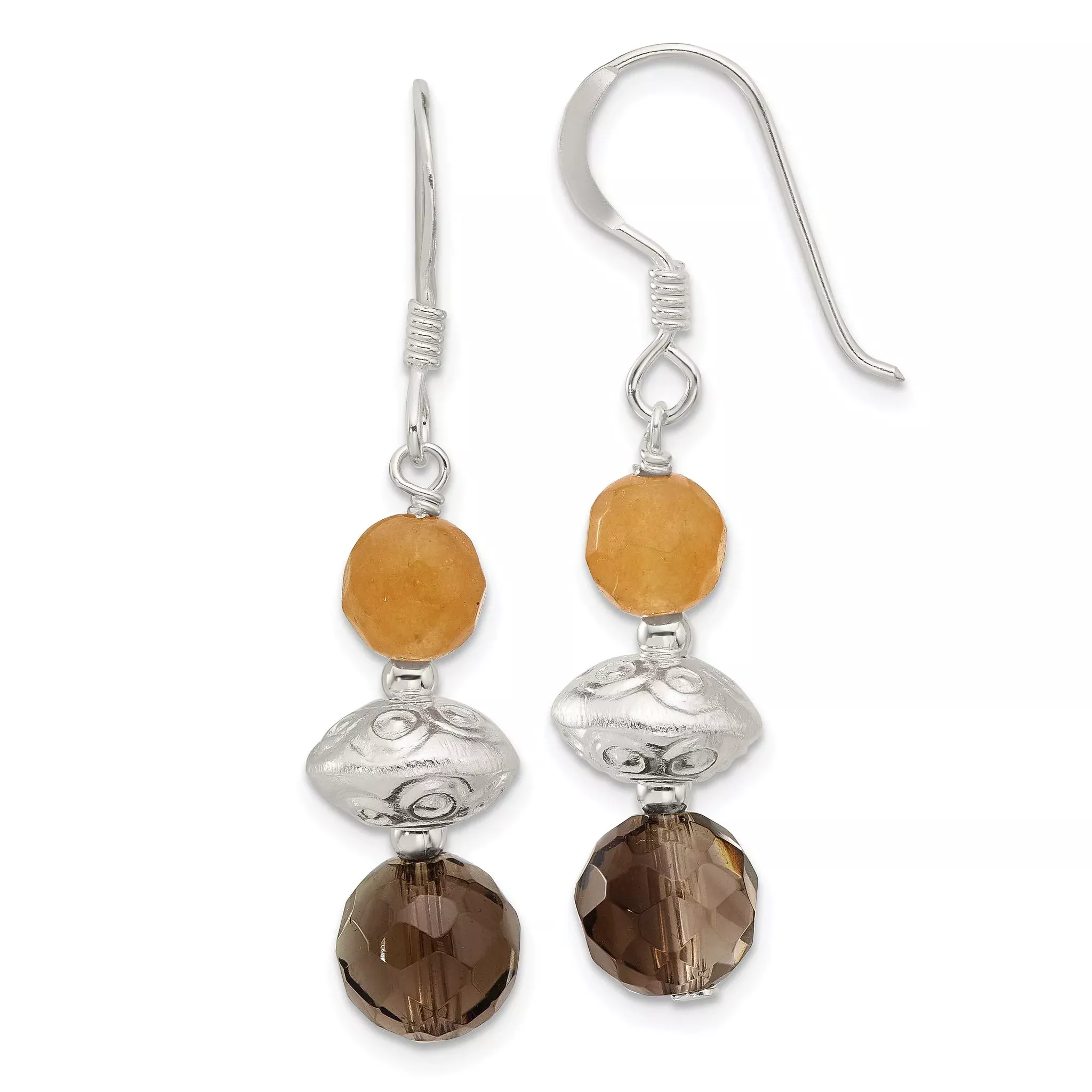 Sterling Silver Textured Red Aventurine/Smoky Quartz Dangle Earrings