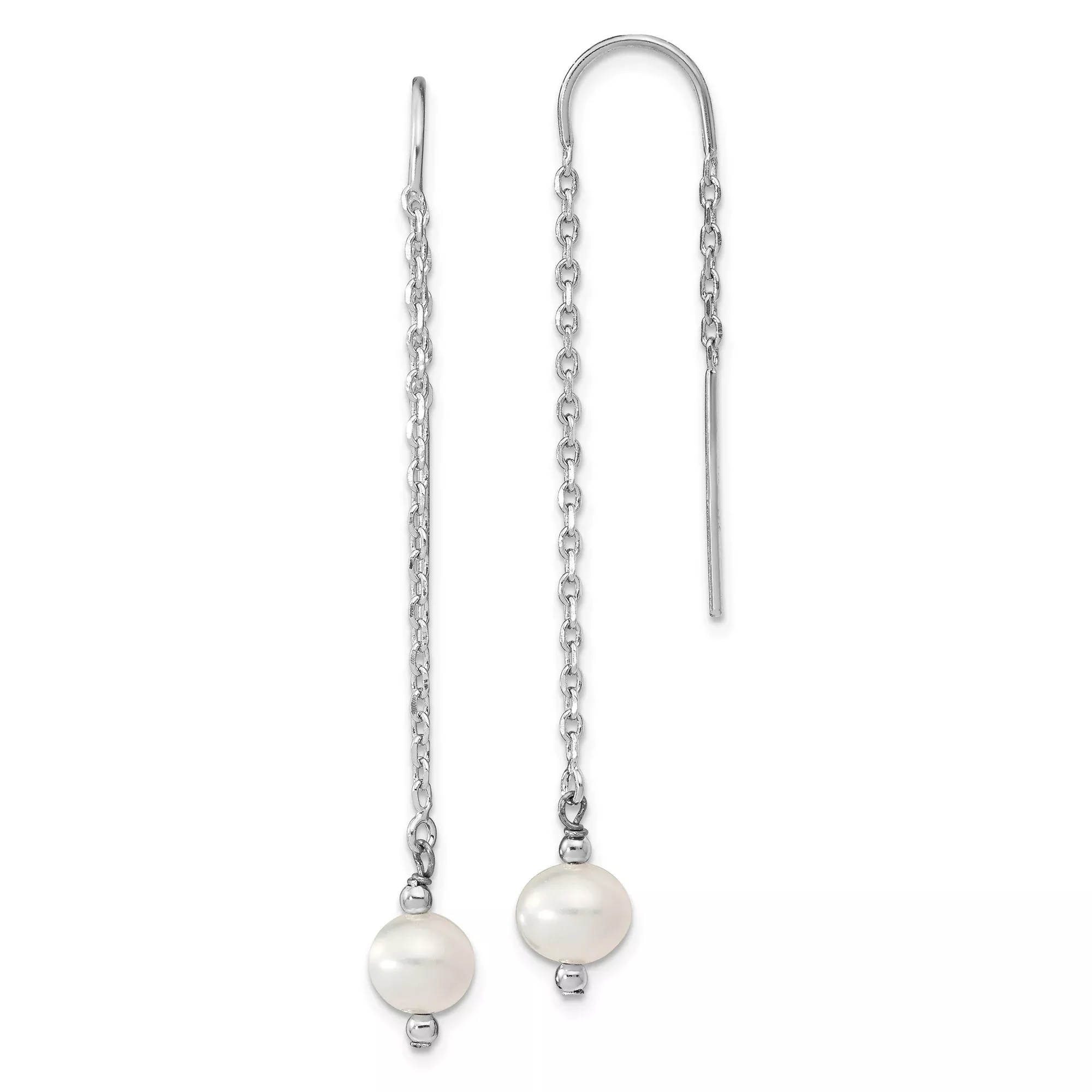 Sterling Silver Threader Earrings with Freshwater Pearls, Long Chain Drop Design for Women