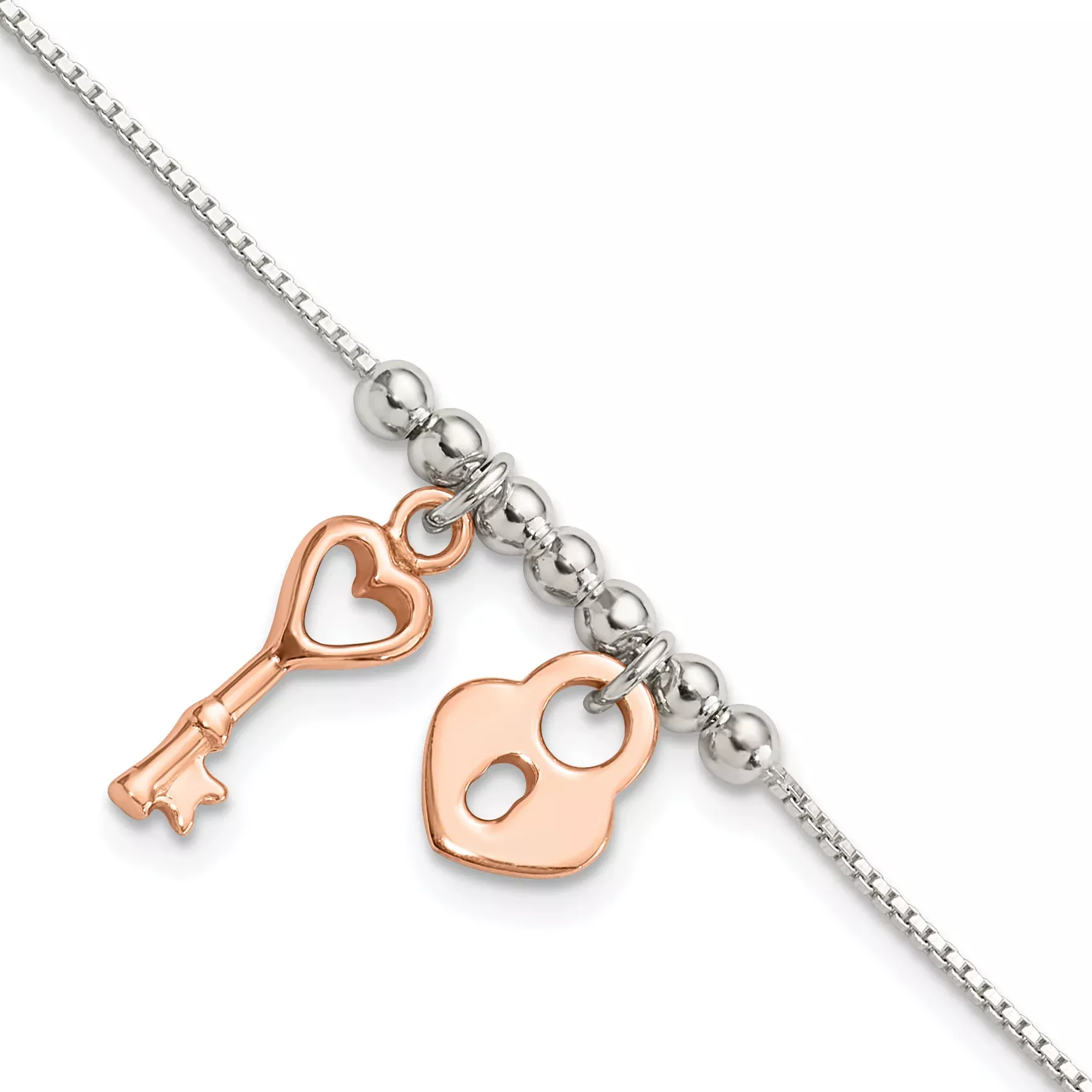 Sterling Silver w/Rose Tone Lock and Key Beaded 7in w/1in ext. Bracelet