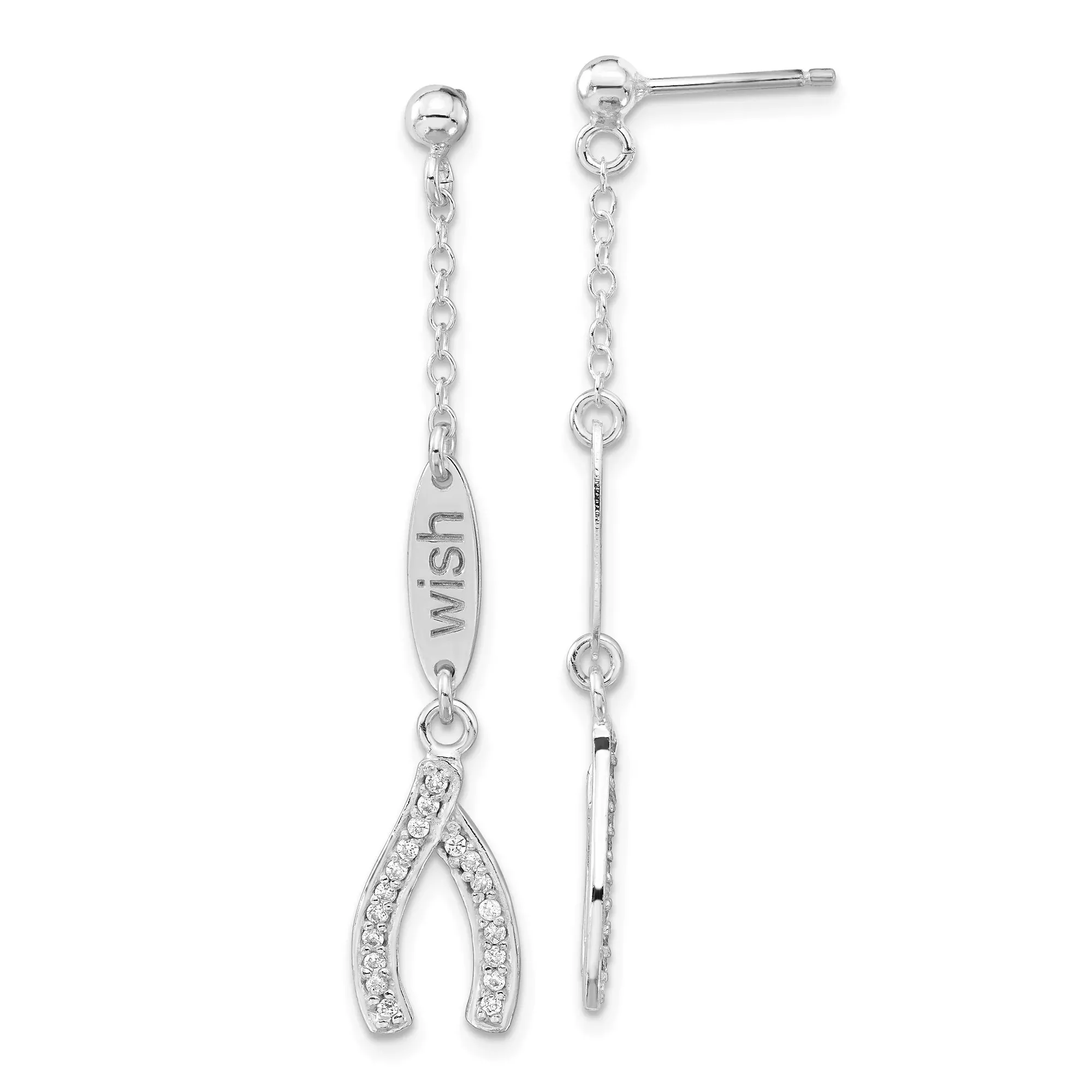 Sterling Silver Wishbone Dangle Earrings with Cubic Zirconia and Vertical Tag Charm