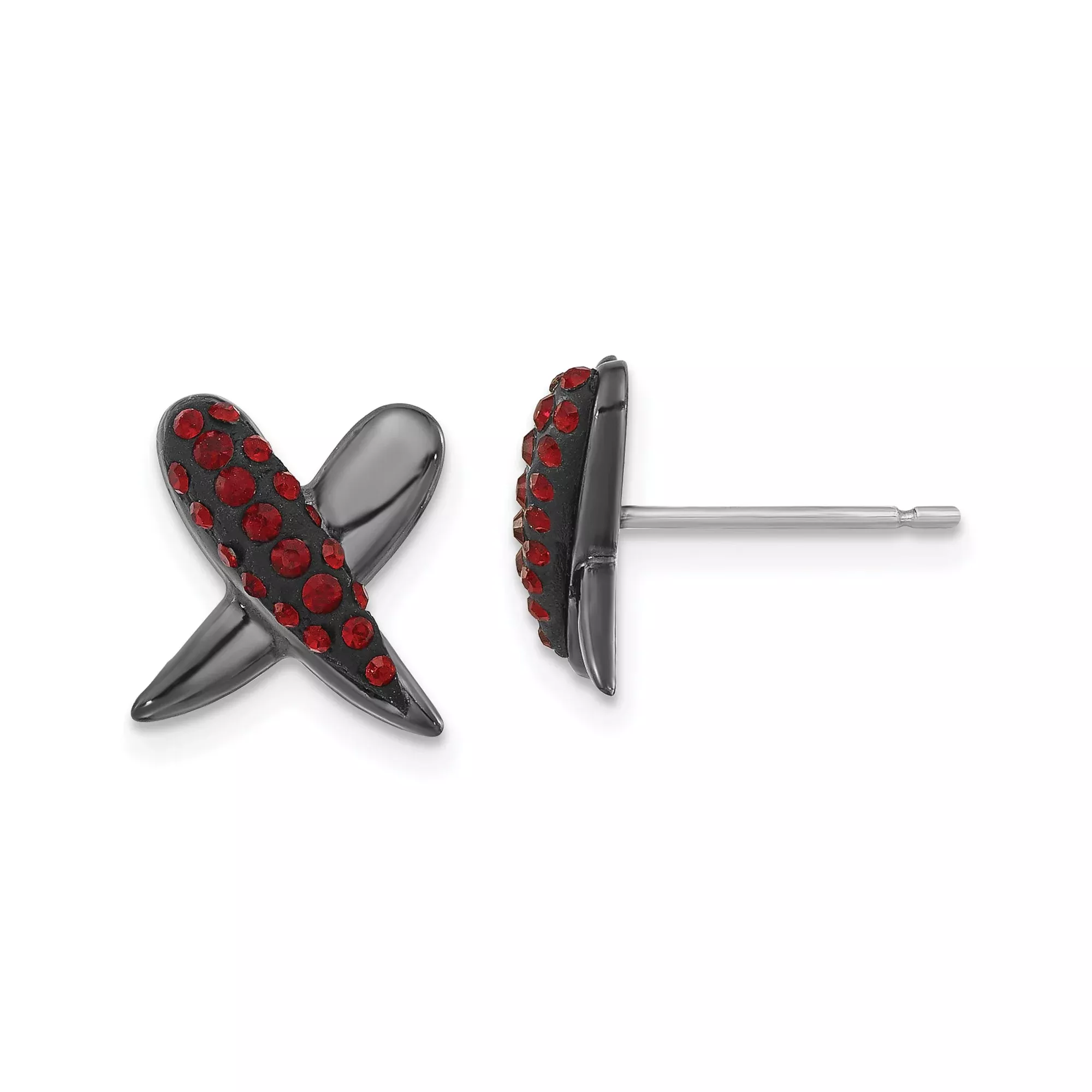 Sterling Silver X Shaped Stud Earrings with Red Crystal Accents and Black Finish