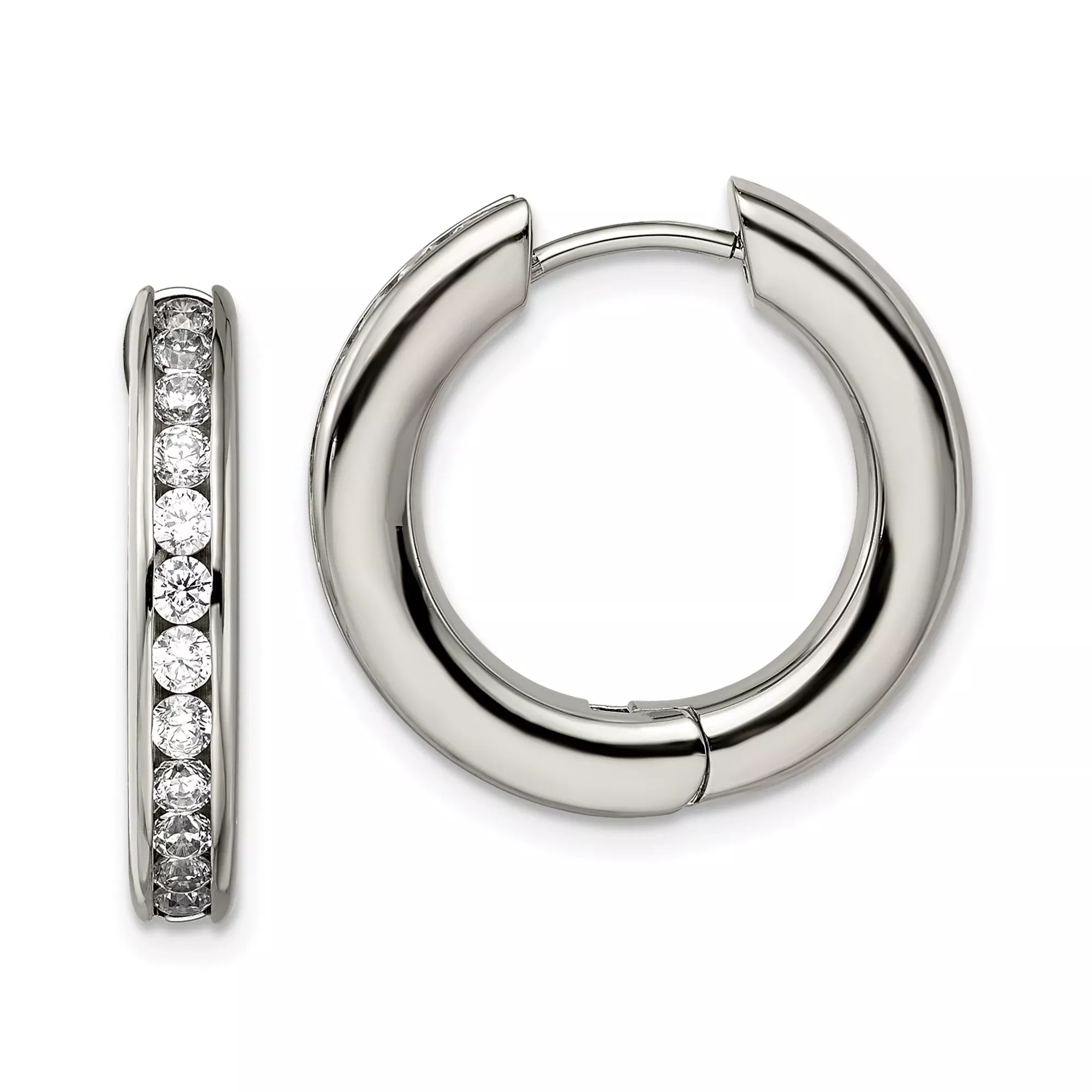 Titanium Hoop Earrings with Channel-Set Cubic Zirconia, Polished Modern Design