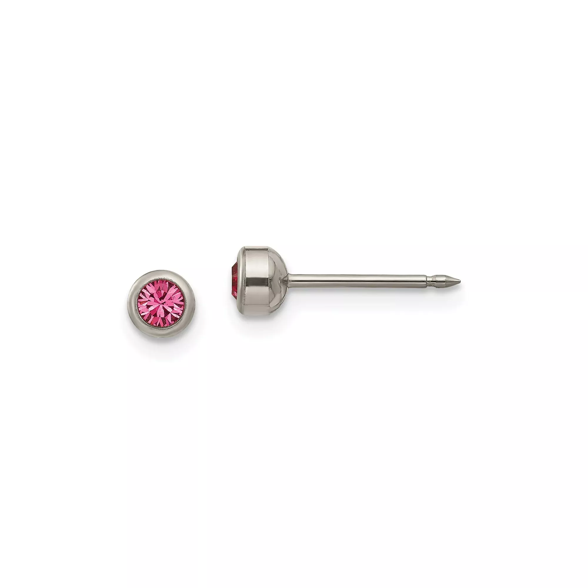 Titanium Stud Earrings with Pink Round-Cut Gemstone, Hypoallergenic Bezel Setting