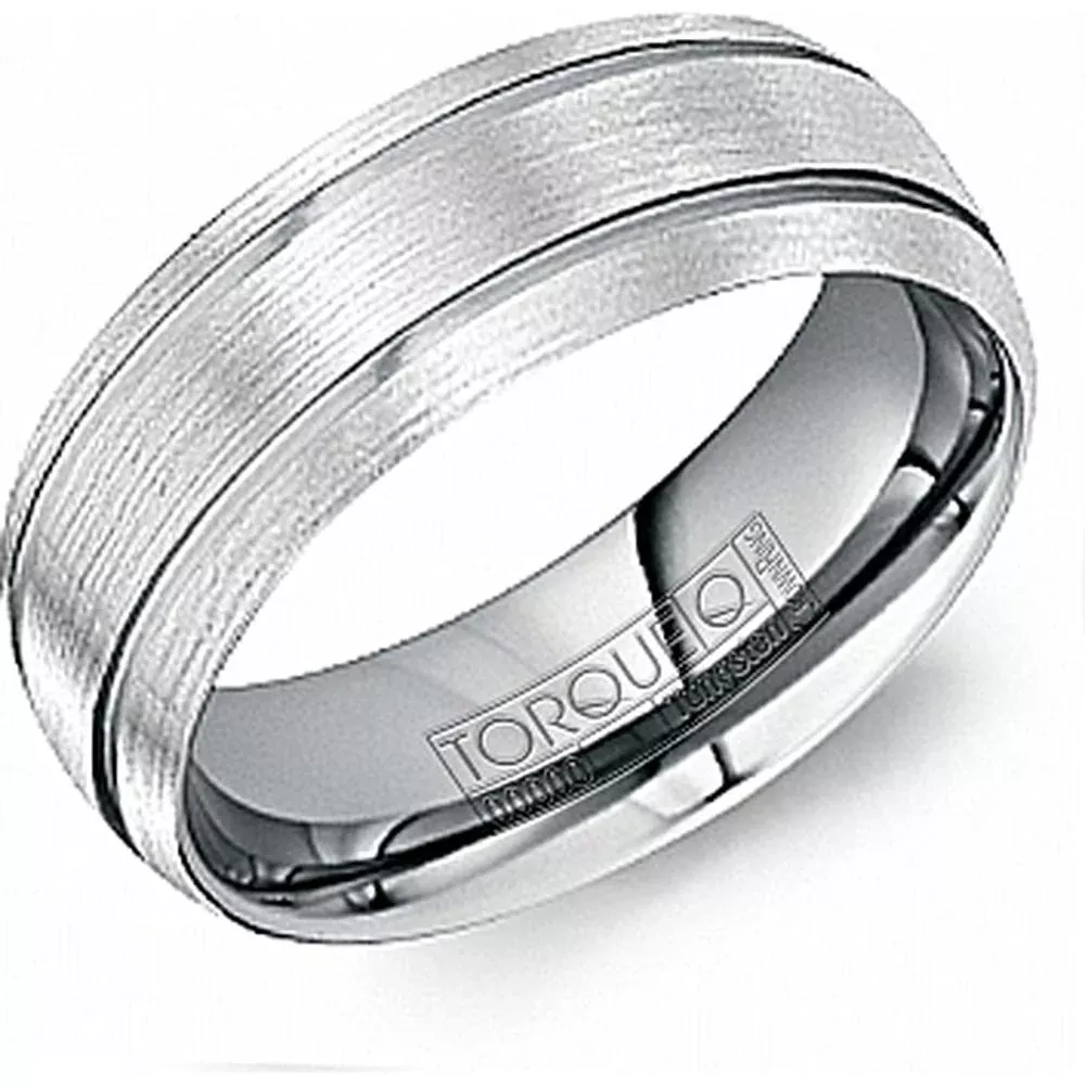 Torque Men's Wedding Band - Brushed Center with Polished Dual Inlay Stripes and Beveled Edges in Tungsten Carbide - 8mm Width from the Tungsten Carbide Collection