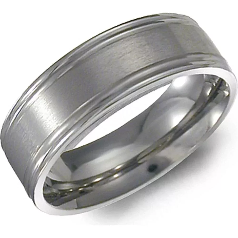 Torque Men's Wedding Band - Brushed Center with Polished Edges and Groove Detailing in Titanium - 7mm Width from the Titanium Collection