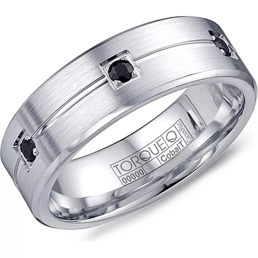 Torque Men's Wedding Band - Brushed Finish with Black Diamond Accents and Polished Grooves in Cobalt - 7mm Width from the Cobalt Collection