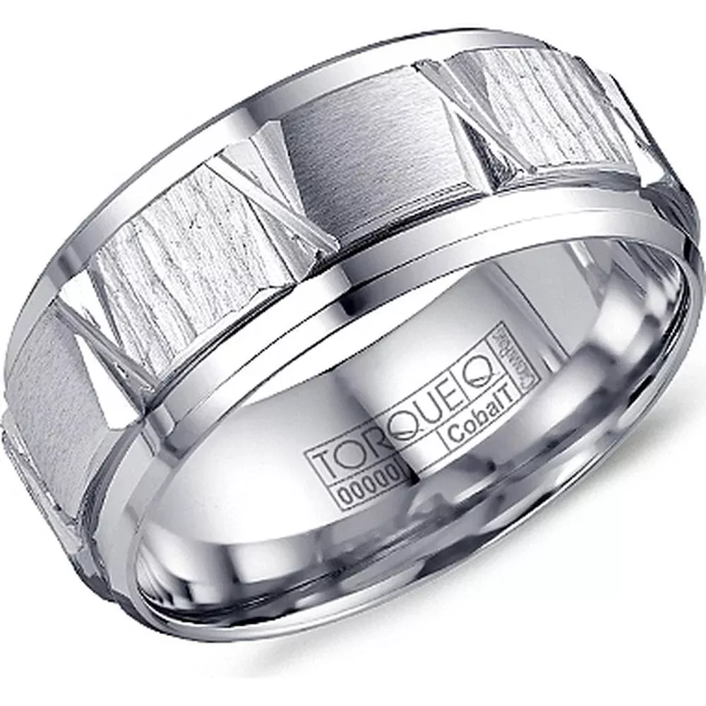 Torque Men's Wedding Band - Brushed Finish with Geometric Hammered Accents and Polished Beveled Edges in Cobalt - 9mm Width from the Cobalt Collection