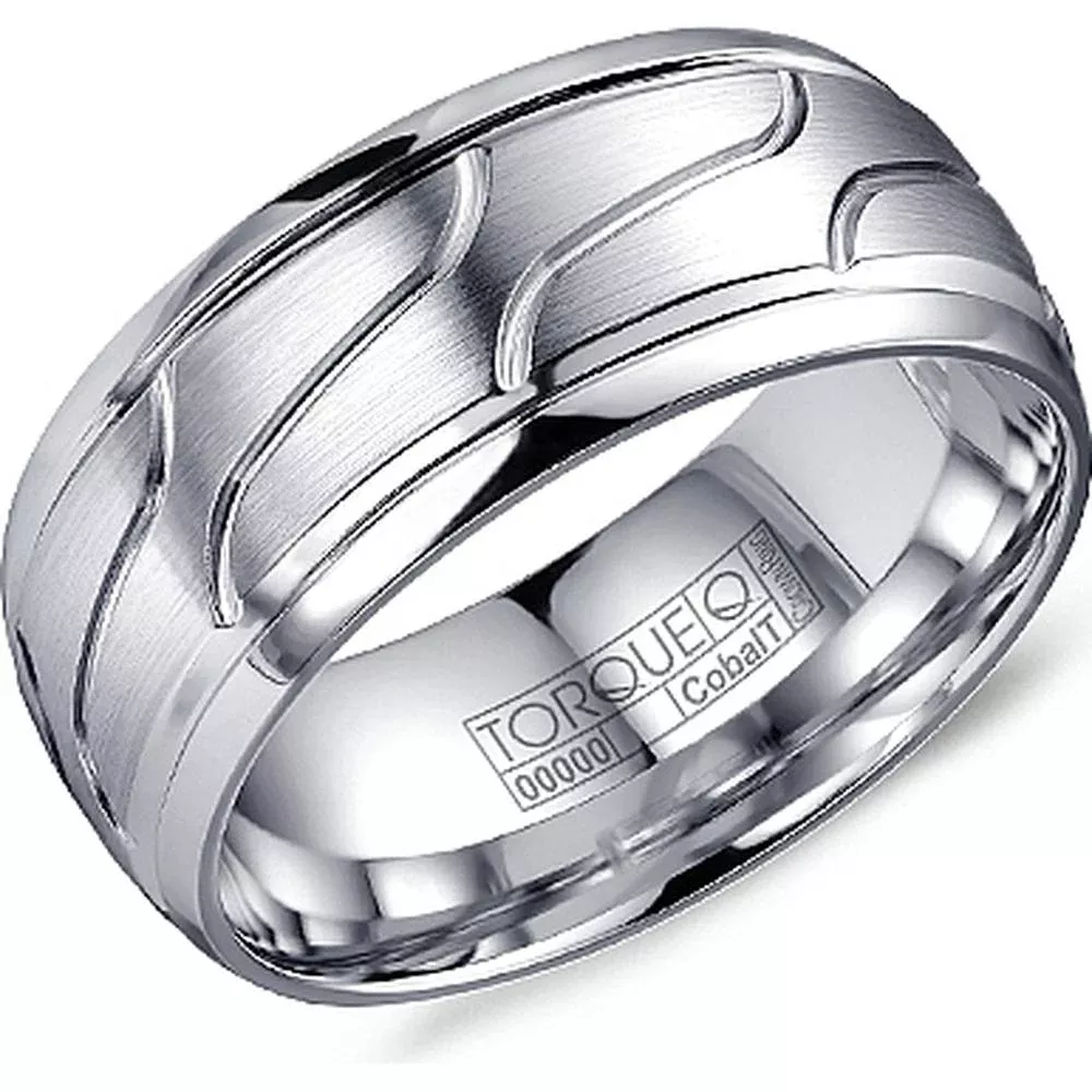 Torque Men's Wedding Band - Brushed Finish with Polished Grooved Wave Design and Polished Edges in Cobalt - 9mm Width from the Cobalt Collection