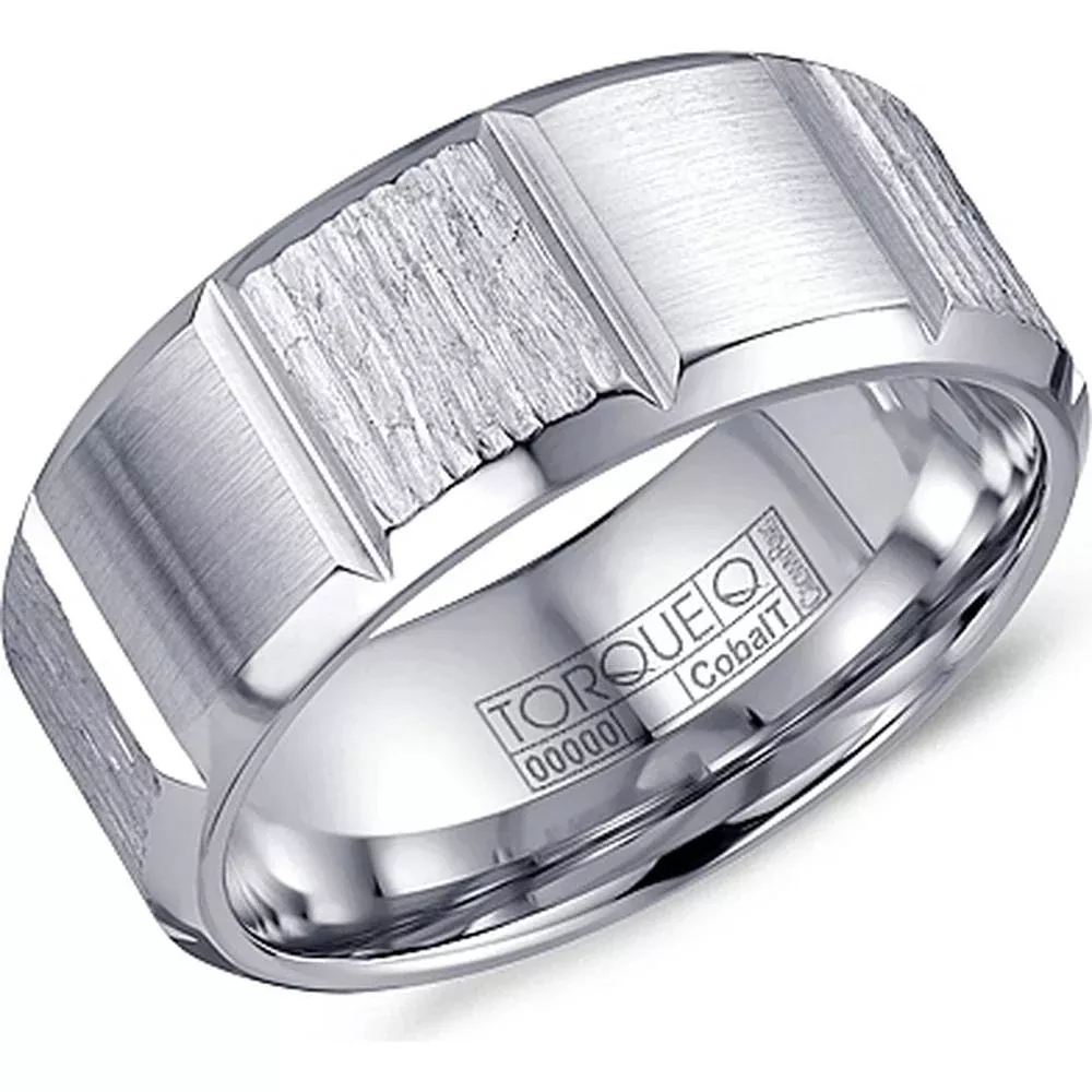 Torque Men's Wedding Band - Brushed Finish with Textured Hammered Panels and Polished Grooved Edges in Cobalt - 9mm Width from the Cobalt Collection