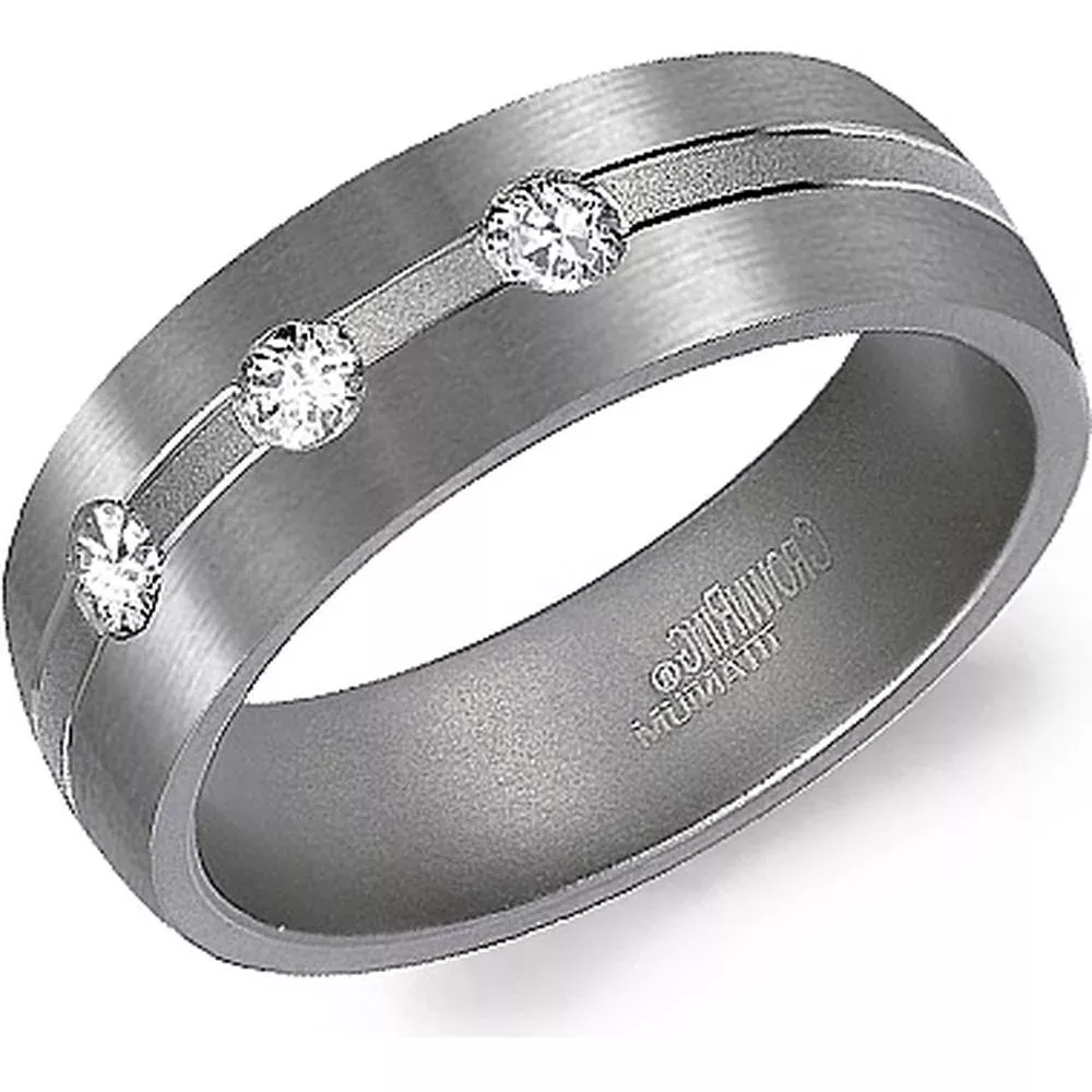 Torque Men's Wedding Band - Brushed Finish with Trio of Diamonds in Titanium - 7mm Width from the Titanium Collection