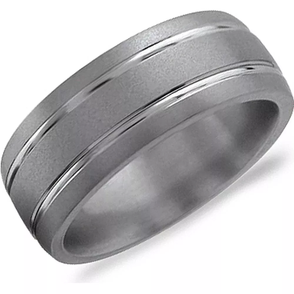Torque Men's Wedding Band - Brushed Matte Finish with Polished Dual Grooves Detailing in Titanium - 8mm Width from the Titanium Collection