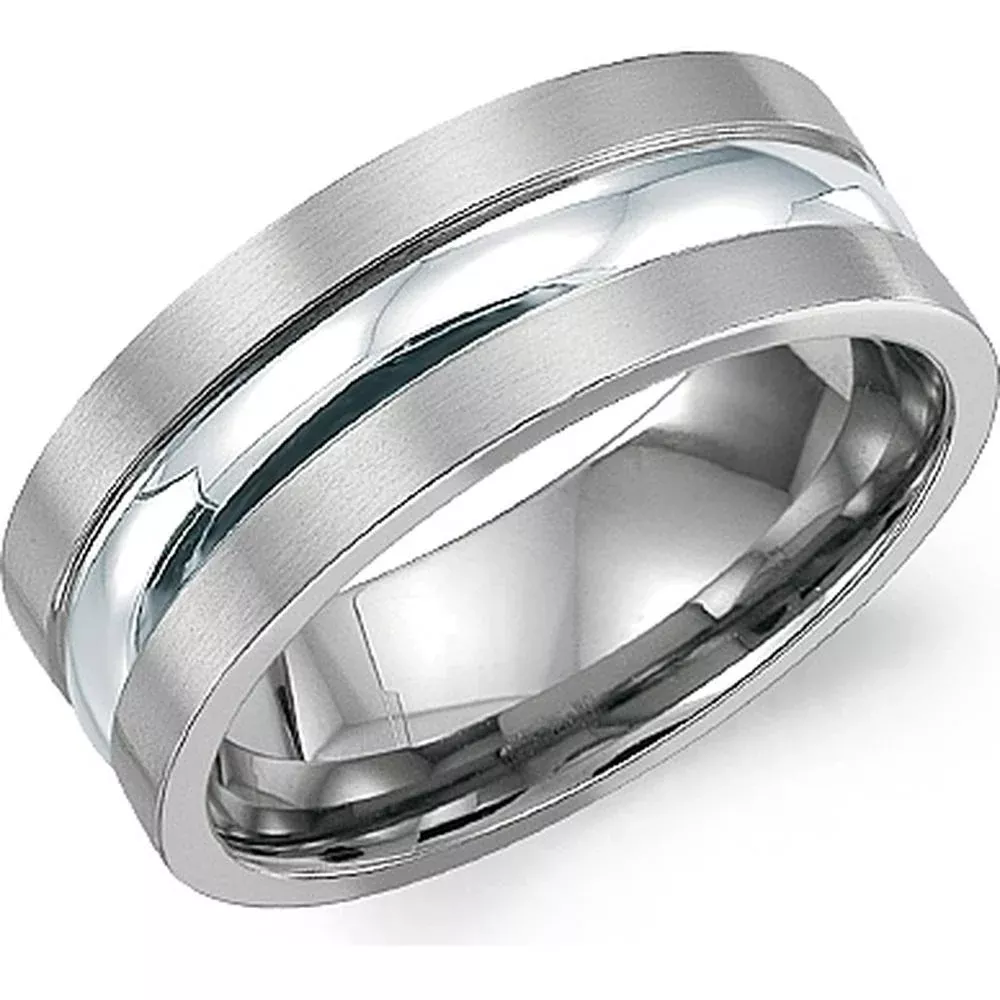 Torque Men's Wedding Band - Brushed Matte Finish with Polished Grooved Center Detailing in Titanium and Sterling Silver - 9mm Width from the Titanium Collection